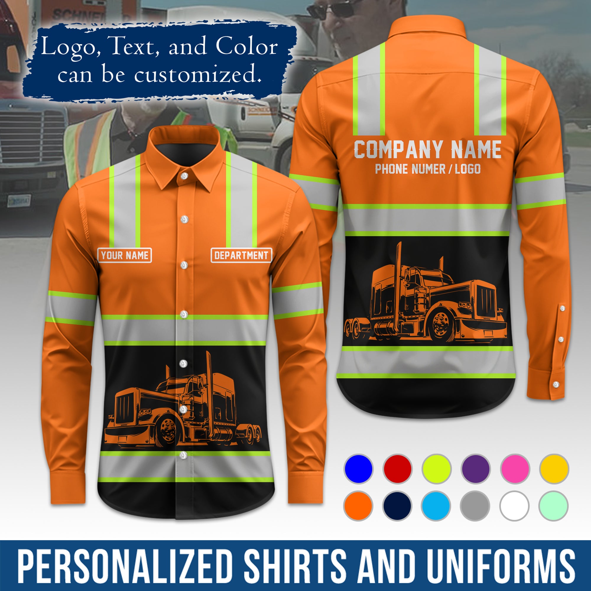 Semi Trucker Long Sleeve Button-Down Work Shirt, Personalized with Your Logo & Phone LS03
