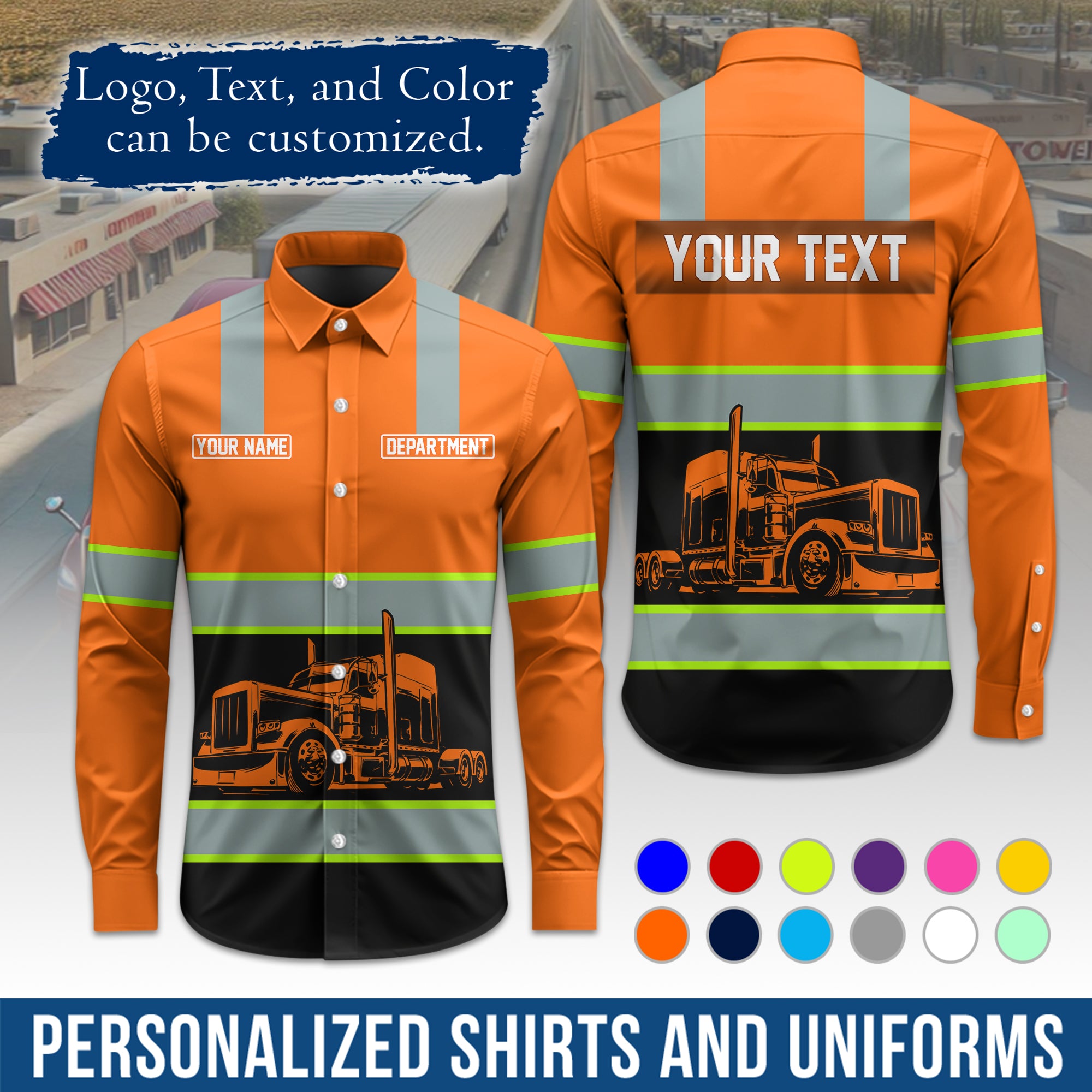 Semi Trucker Long Sleeve Button-Down Work Shirt, Personalized with Your Logo & Phone LS09