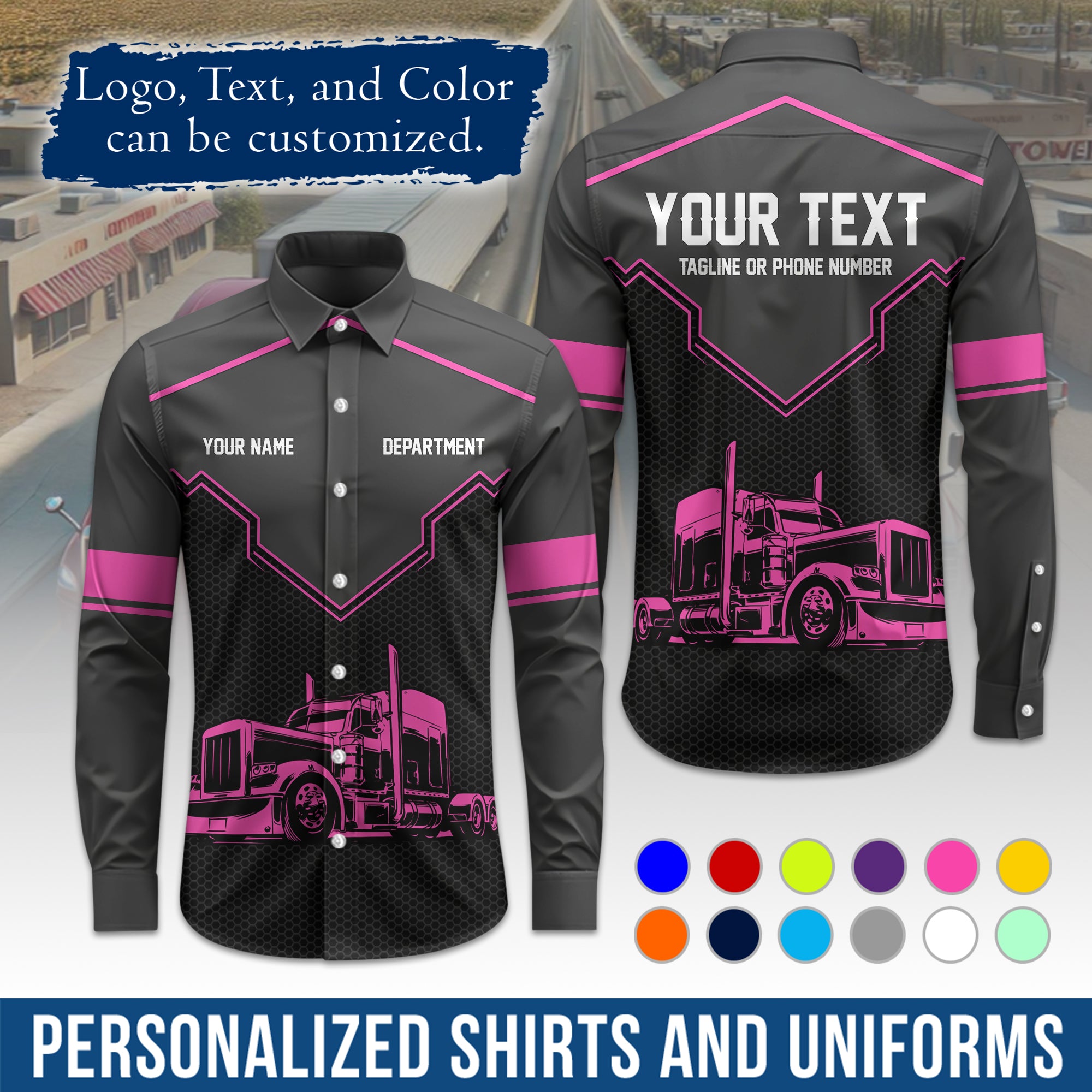 Semi Trucker Long Sleeve Button-Down Work Shirt, Personalized with Your Logo & Phone LS08