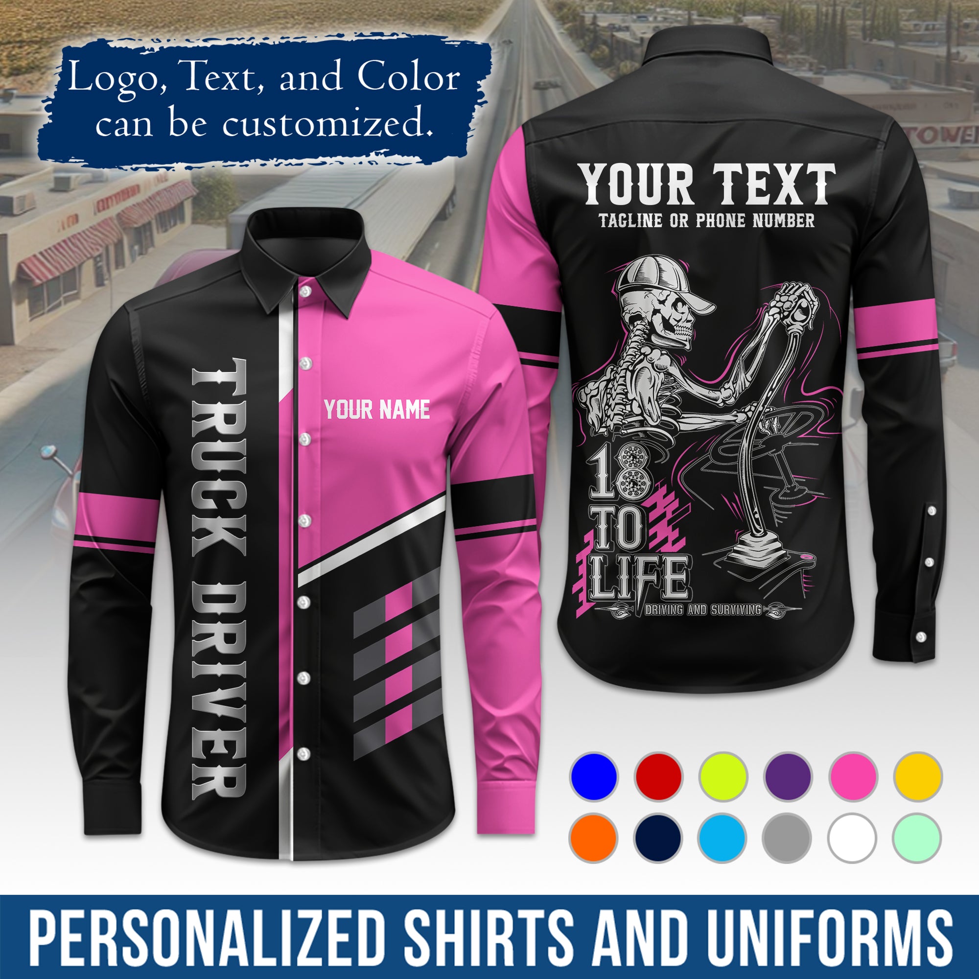 Semi Trucker Long Sleeve Button-Down Work Shirt, Personalized with Your Logo & Phone LS07