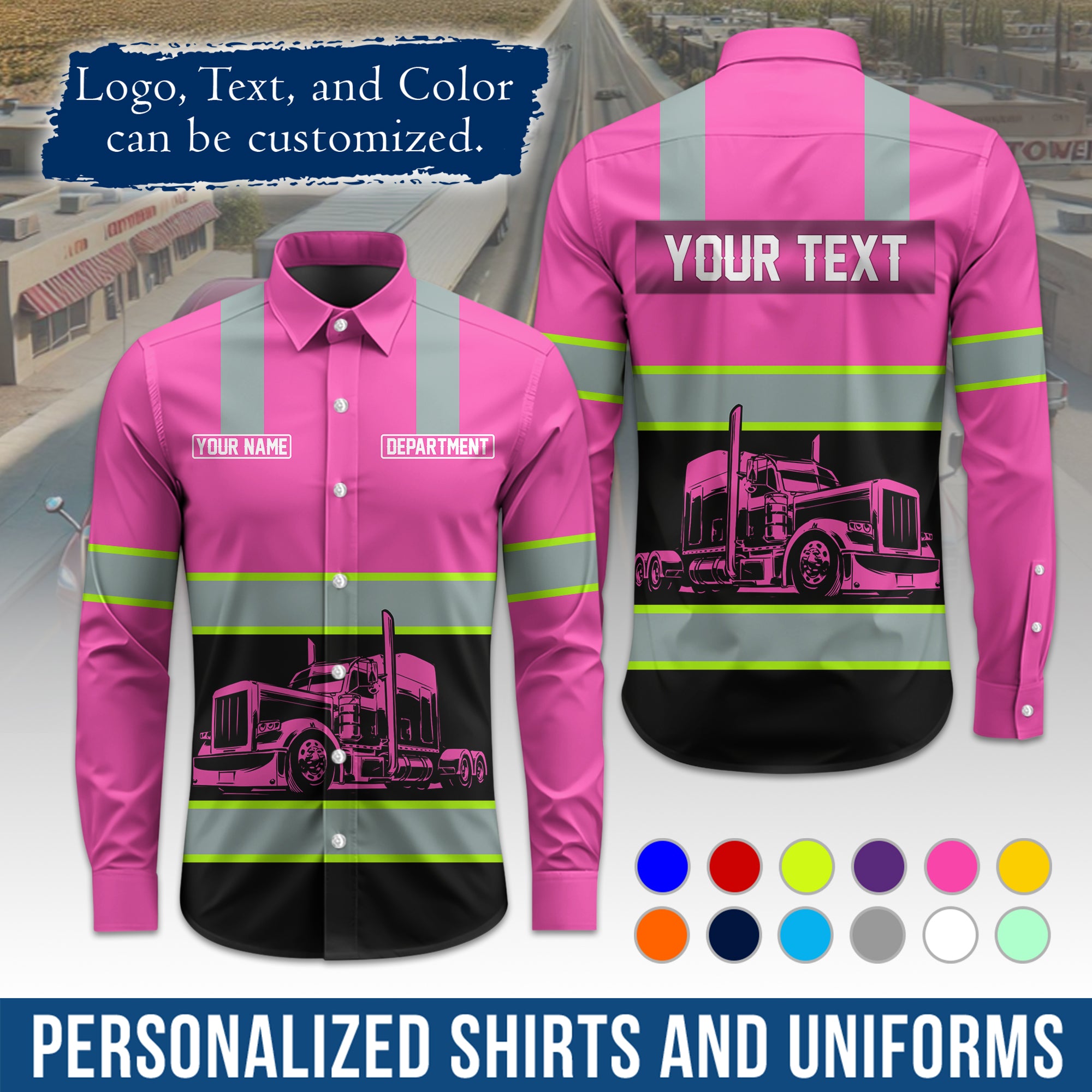 Semi Trucker Long Sleeve Button-Down Work Shirt, Personalized with Your Logo & Phone LS09