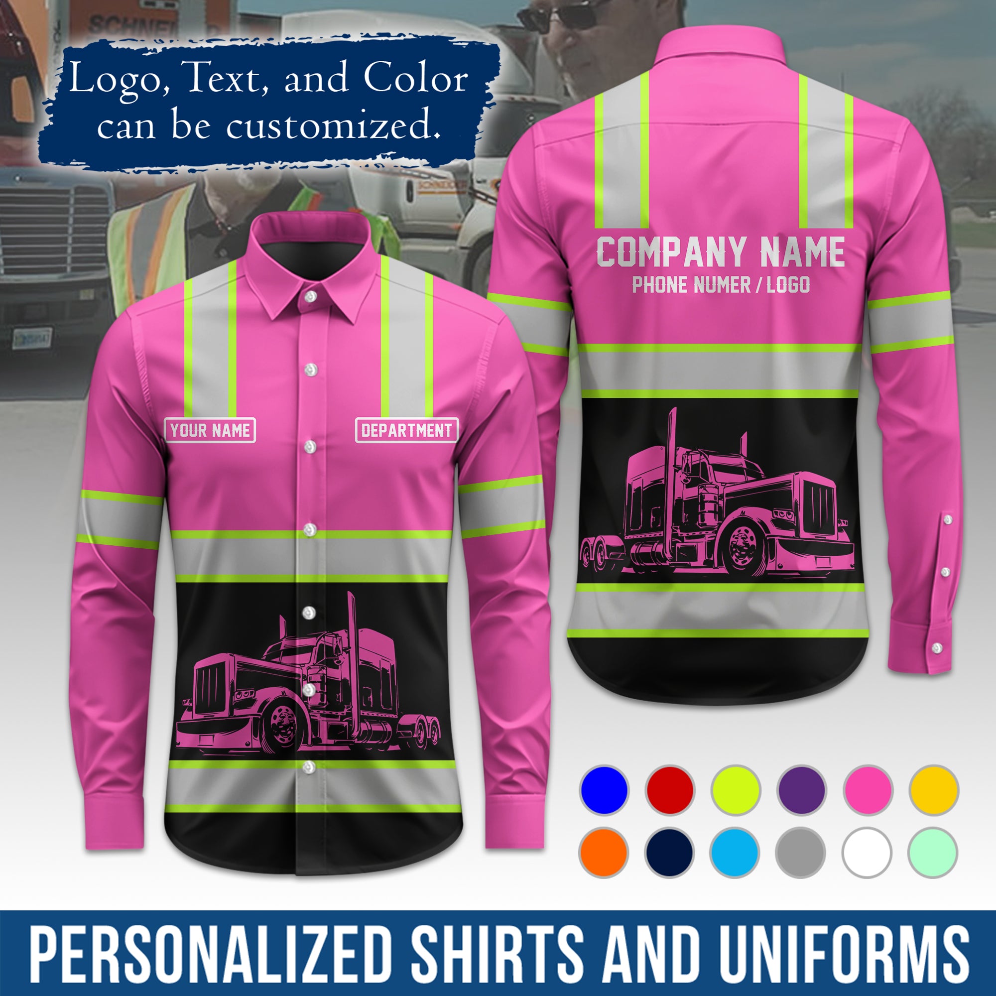Semi Trucker Long Sleeve Button-Down Work Shirt, Personalized with Your Logo & Phone LS03