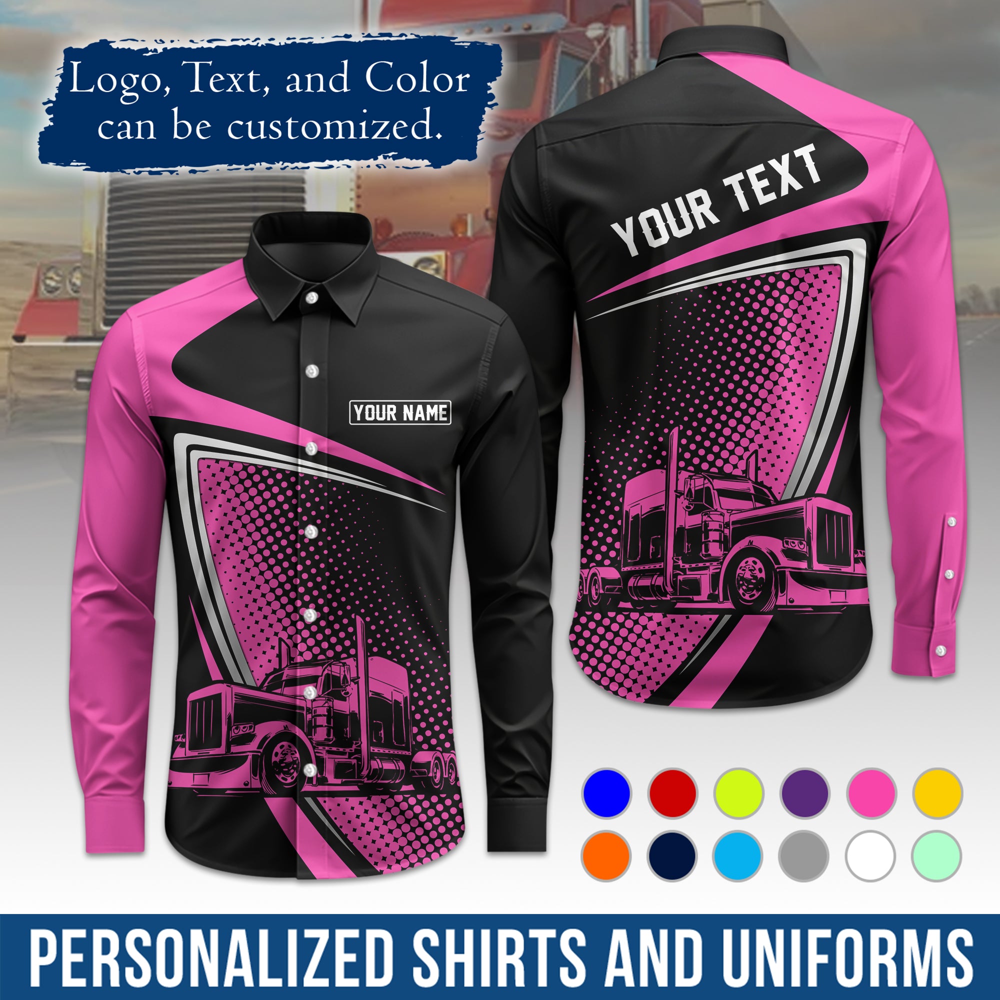 Semi Trucker Long Sleeve Button-Down Work Shirt, Personalized with Your Logo & Phone LS02