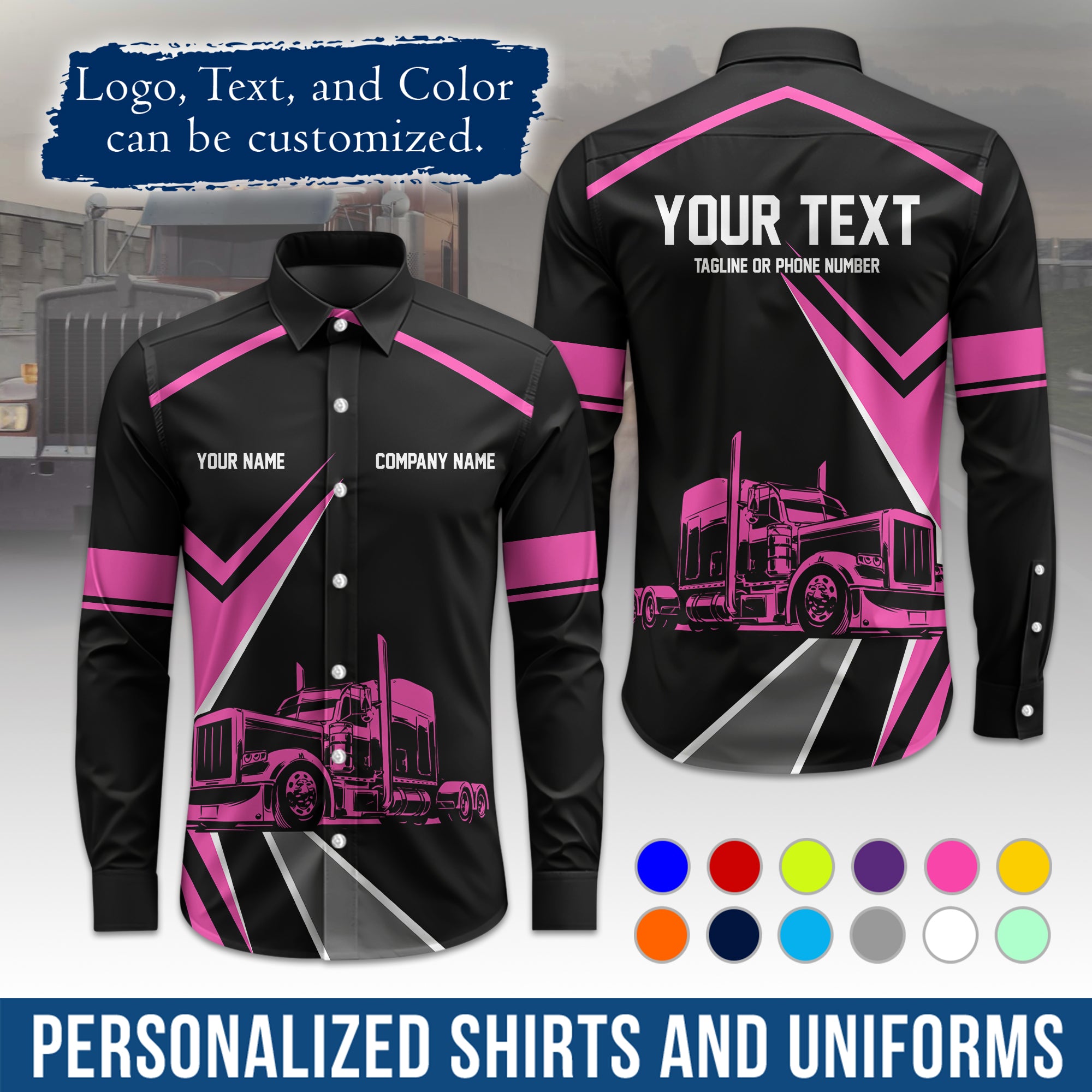 Semi Trucker Long Sleeve Button-Down Work Shirt, Personalized with Your Logo & Phone LS05
