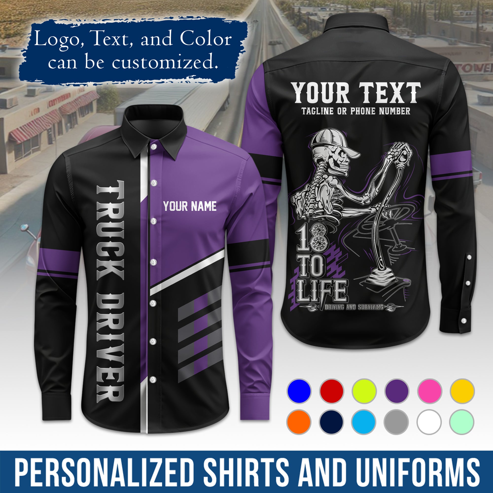 Semi Trucker Long Sleeve Button-Down Work Shirt, Personalized with Your Logo & Phone LS07