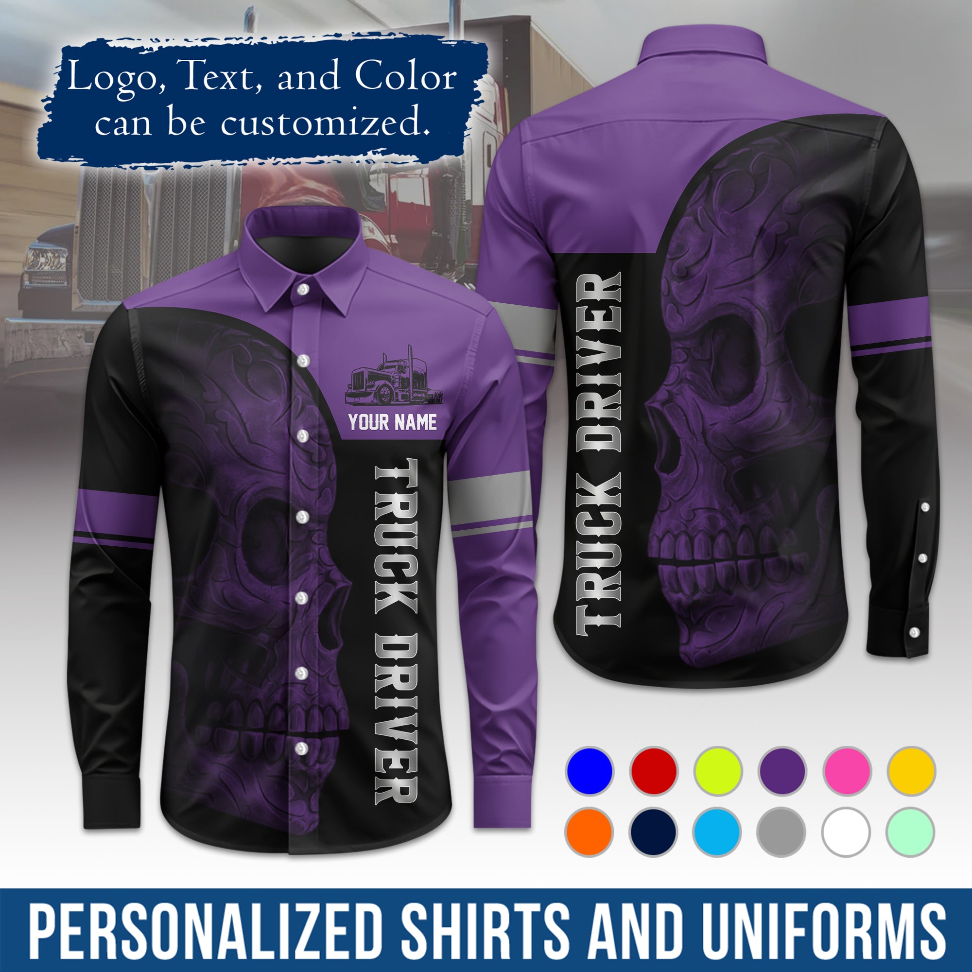 Semi Trucker Long Sleeve Button-Down Work Shirt, Personalized with Your Logo & Phone LS06