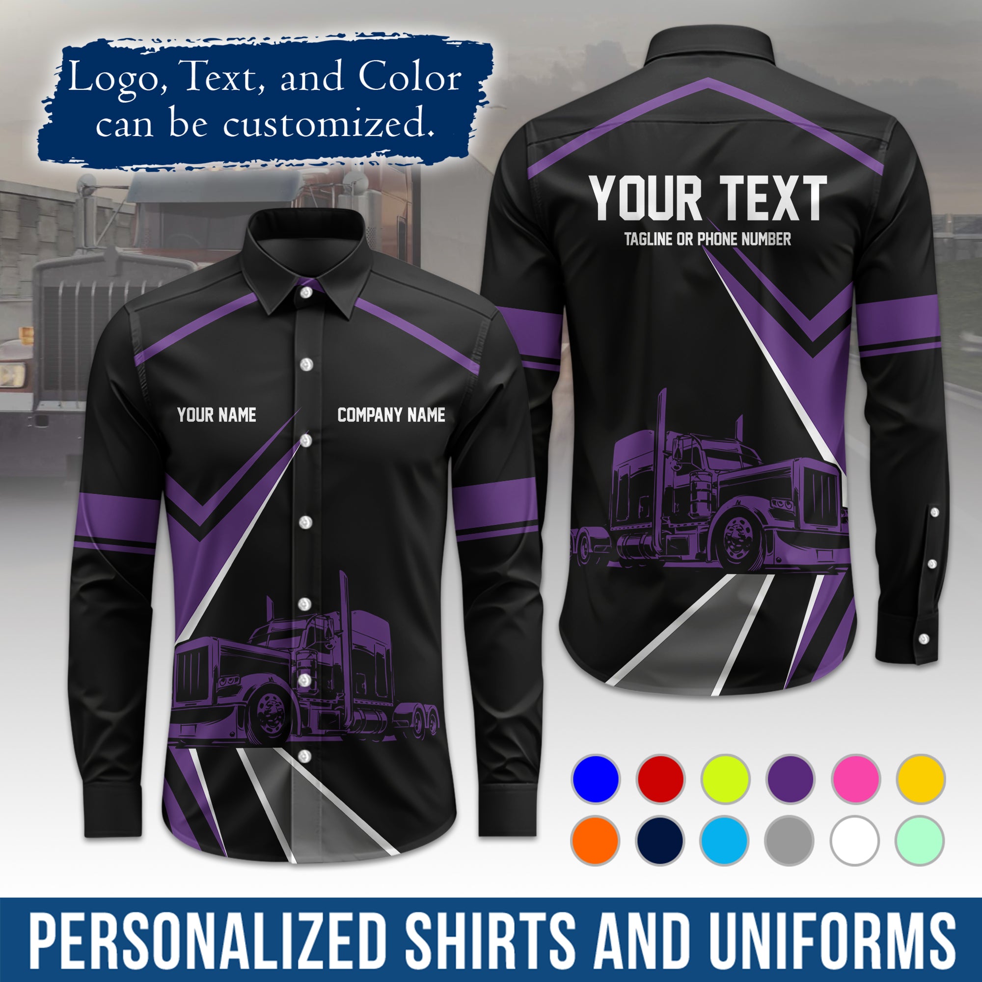 Semi Trucker Long Sleeve Button-Down Work Shirt, Personalized with Your Logo & Phone LS05