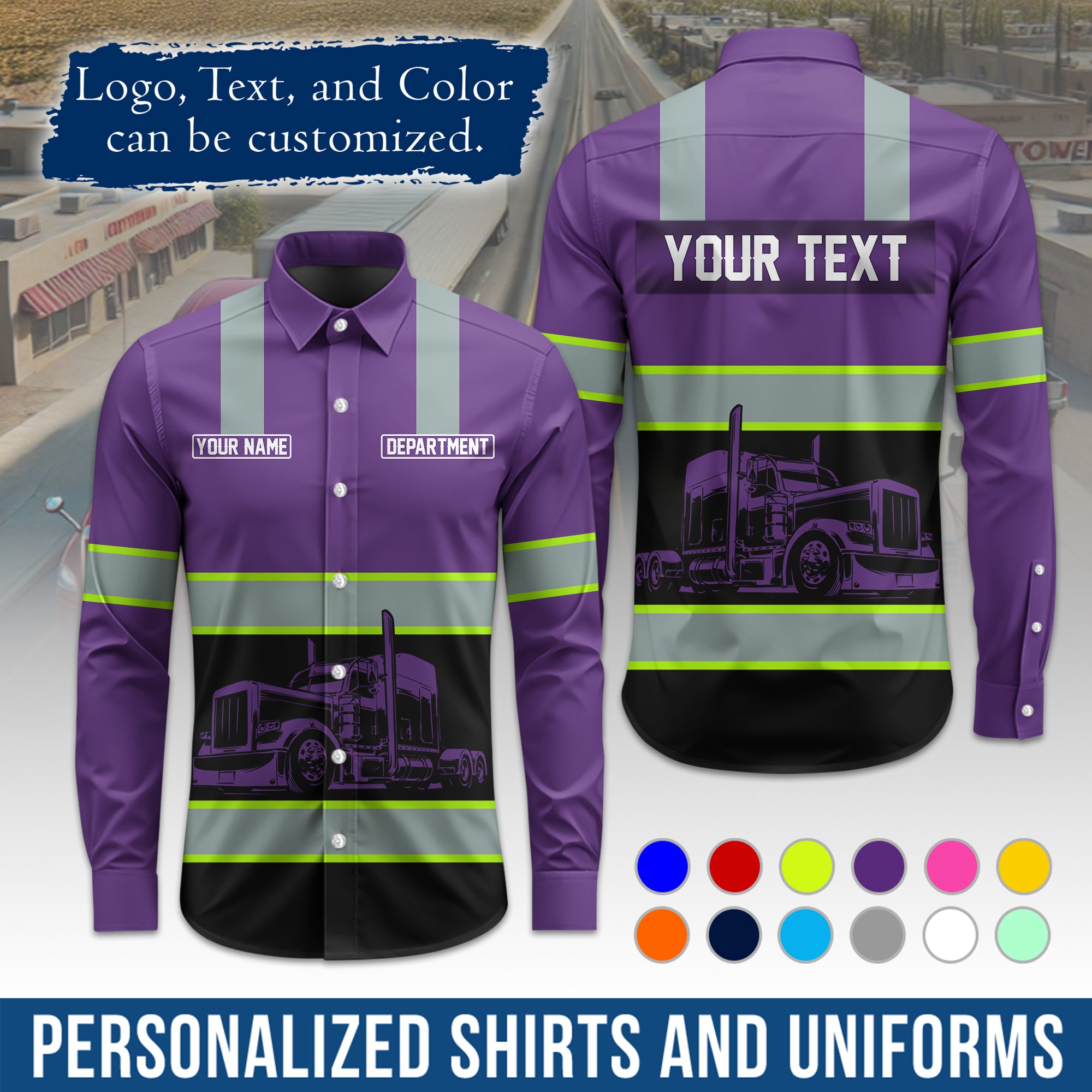 Semi Trucker Long Sleeve Button-Down Work Shirt, Personalized with Your Logo & Phone LS09