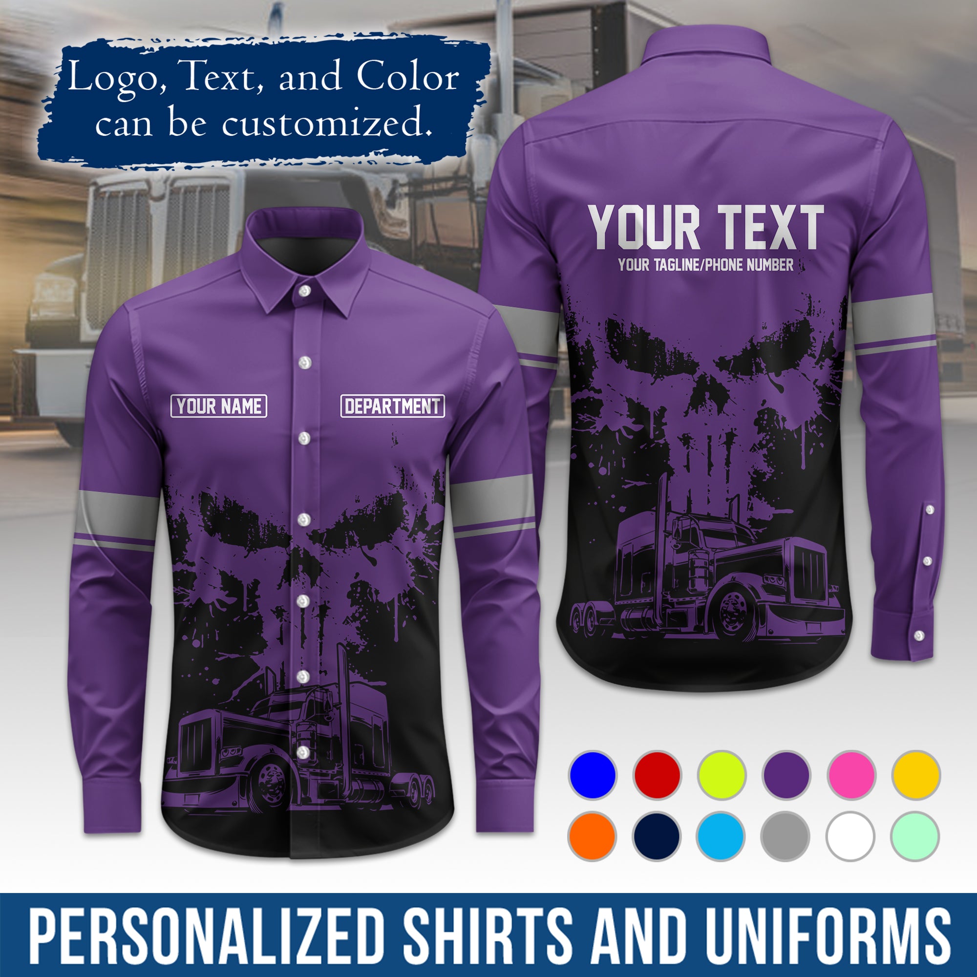 Semi Trucker Long Sleeve Button-Down Work Shirt, Personalized with Your Logo & Phone LS04