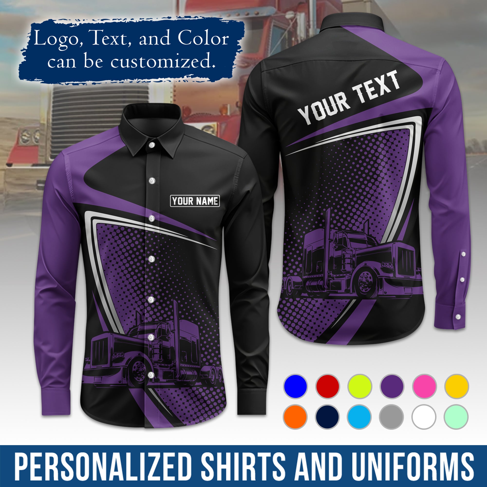 Semi Trucker Long Sleeve Button-Down Work Shirt, Personalized with Your Logo & Phone LS02
