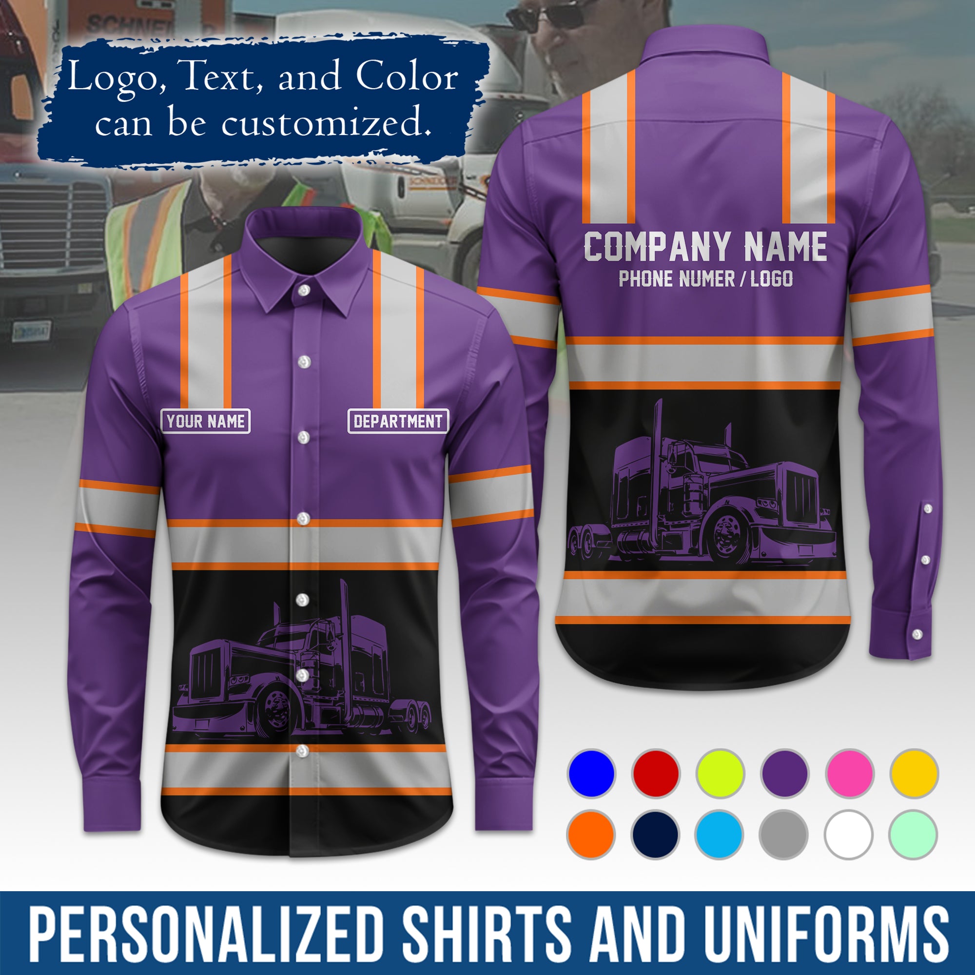 Semi Trucker Long Sleeve Button-Down Work Shirt, Personalized with Your Logo & Phone LS03