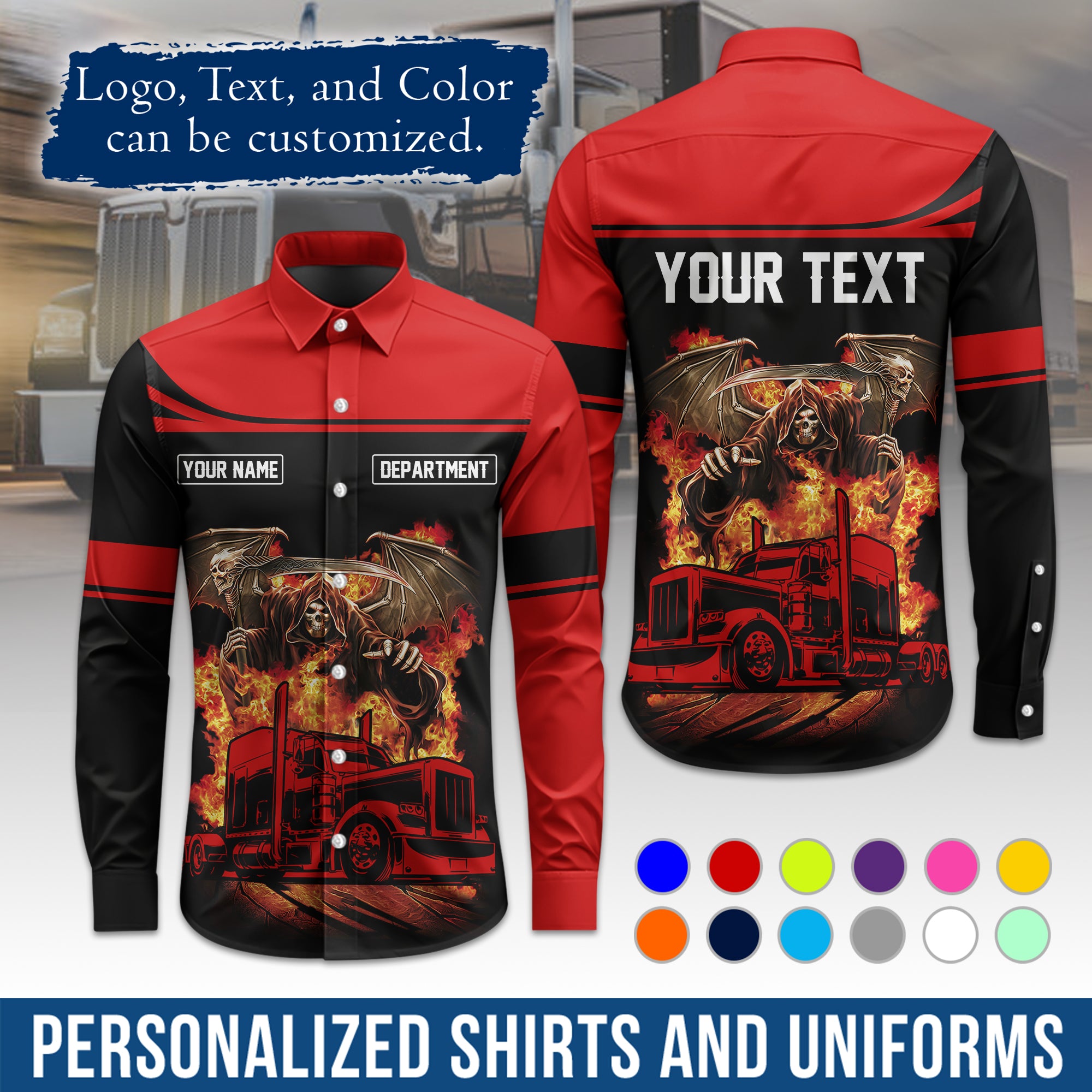 Semi Trucker Long Sleeve Button-Down Work Shirt, Personalized with Your Logo & Phone LS01