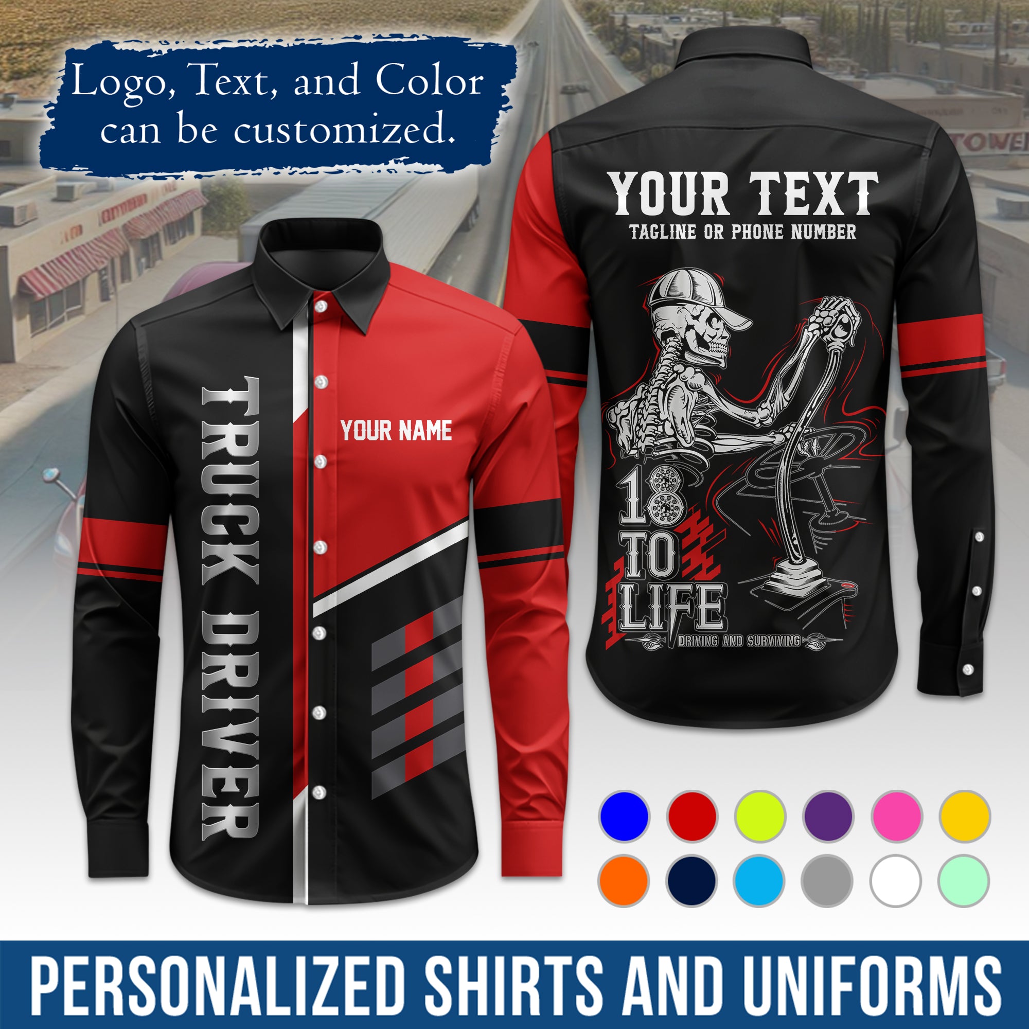 Semi Trucker Long Sleeve Button-Down Work Shirt, Personalized with Your Logo & Phone LS07