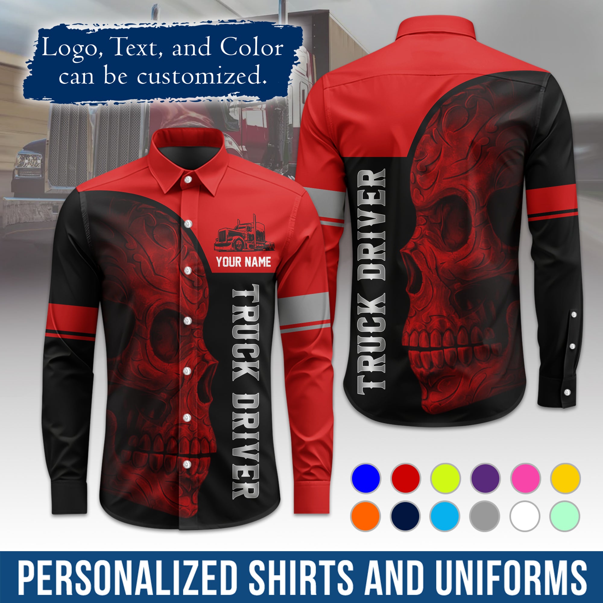 Semi Trucker Long Sleeve Button-Down Work Shirt, Personalized with Your Logo & Phone LS06