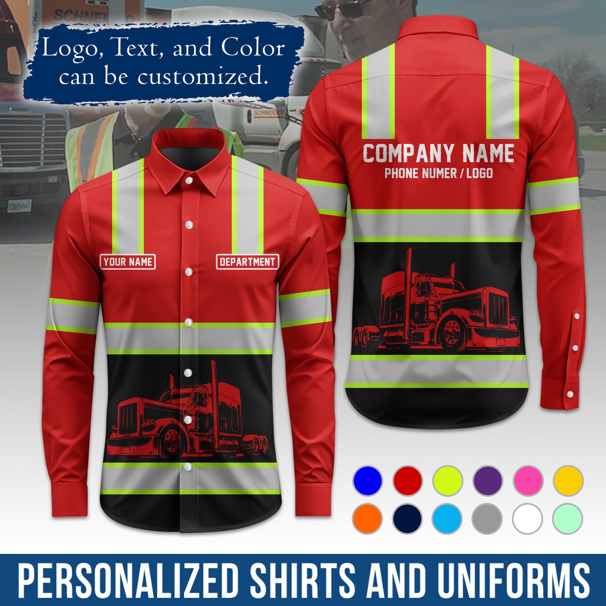 Semi Trucker Long Sleeve Button-Down Work Shirt, Personalized with Your Logo & Phone LS03