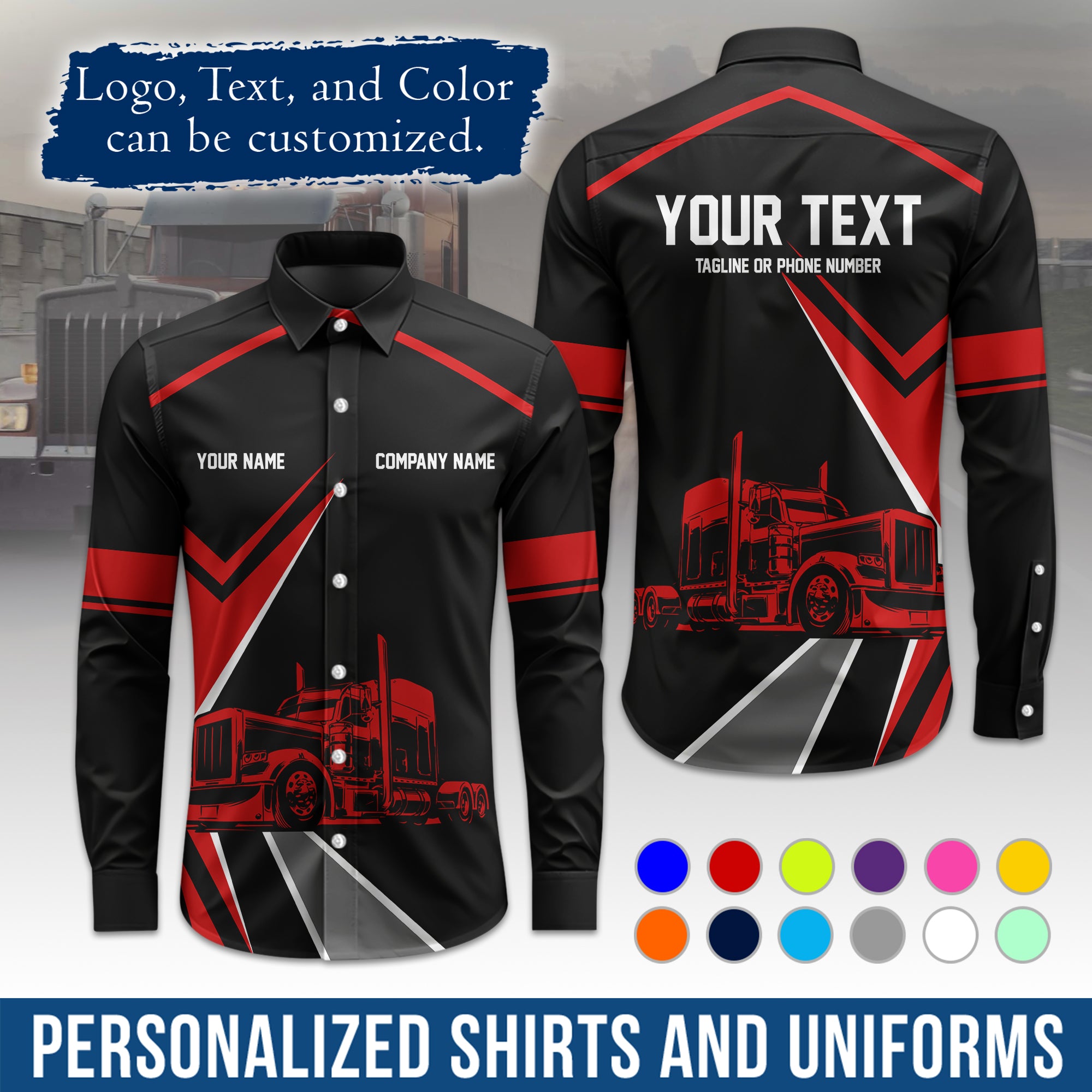 Semi Trucker Long Sleeve Button-Down Work Shirt, Personalized with Your Logo & Phone LS05