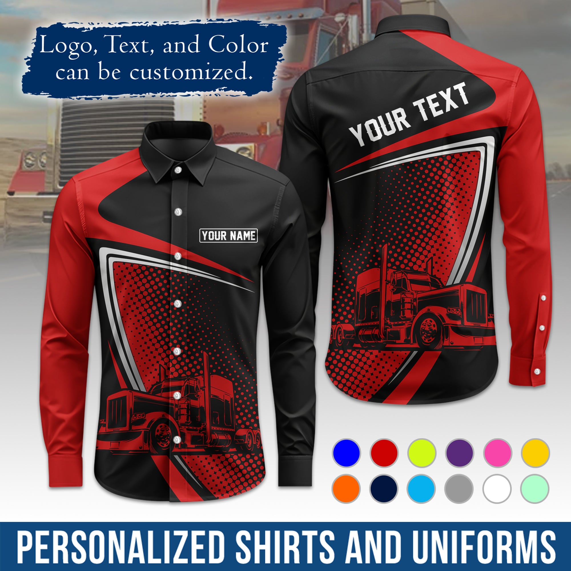 Semi Trucker Long Sleeve Button-Down Work Shirt, Personalized with Your Logo & Phone LS02