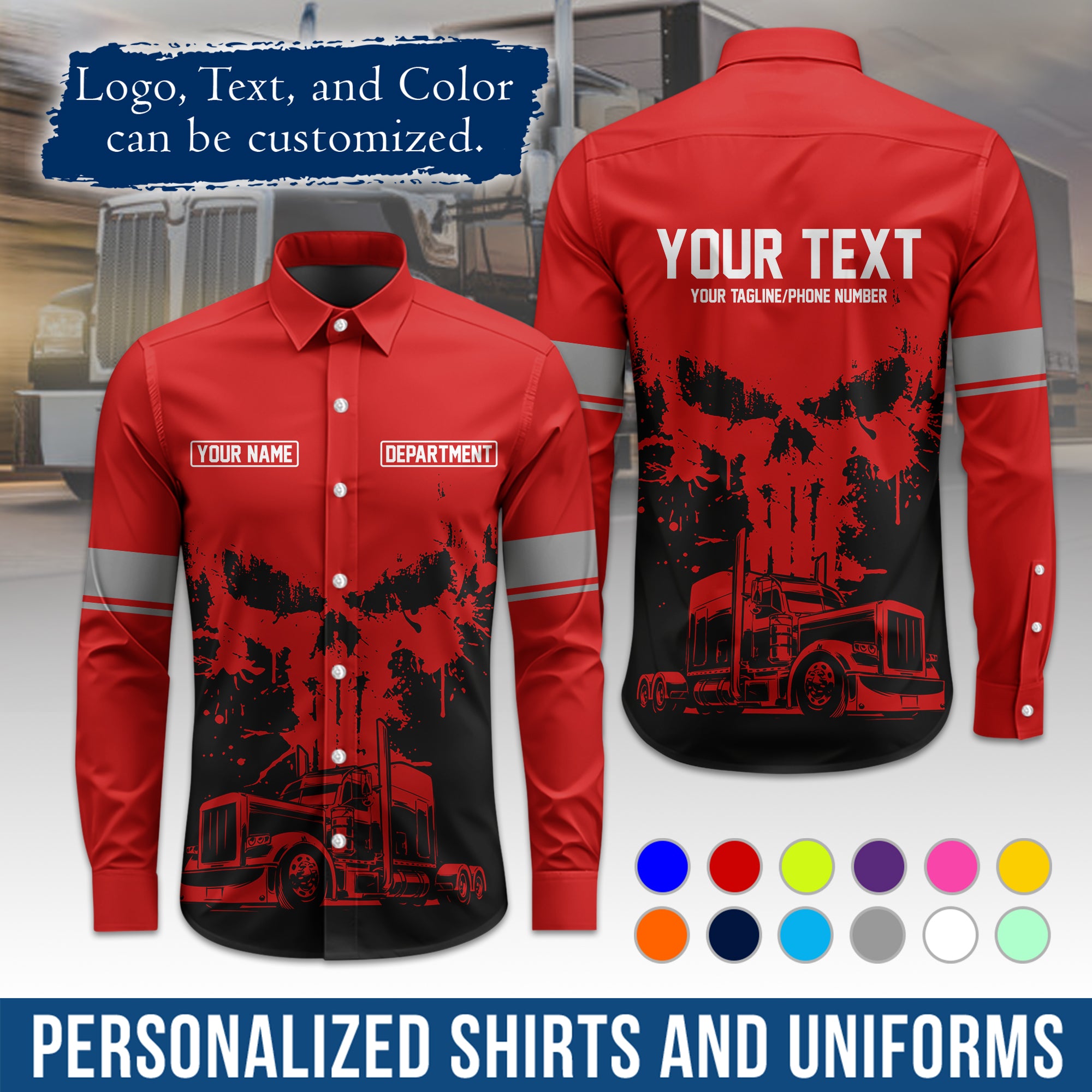 Semi Trucker Long Sleeve Button-Down Work Shirt, Personalized with Your Logo & Phone LS04