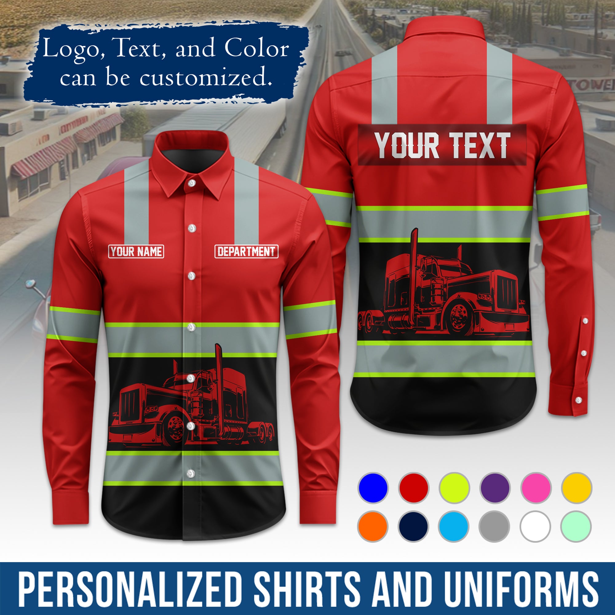 Semi Trucker Long Sleeve Button-Down Work Shirt, Personalized with Your Logo & Phone LS09
