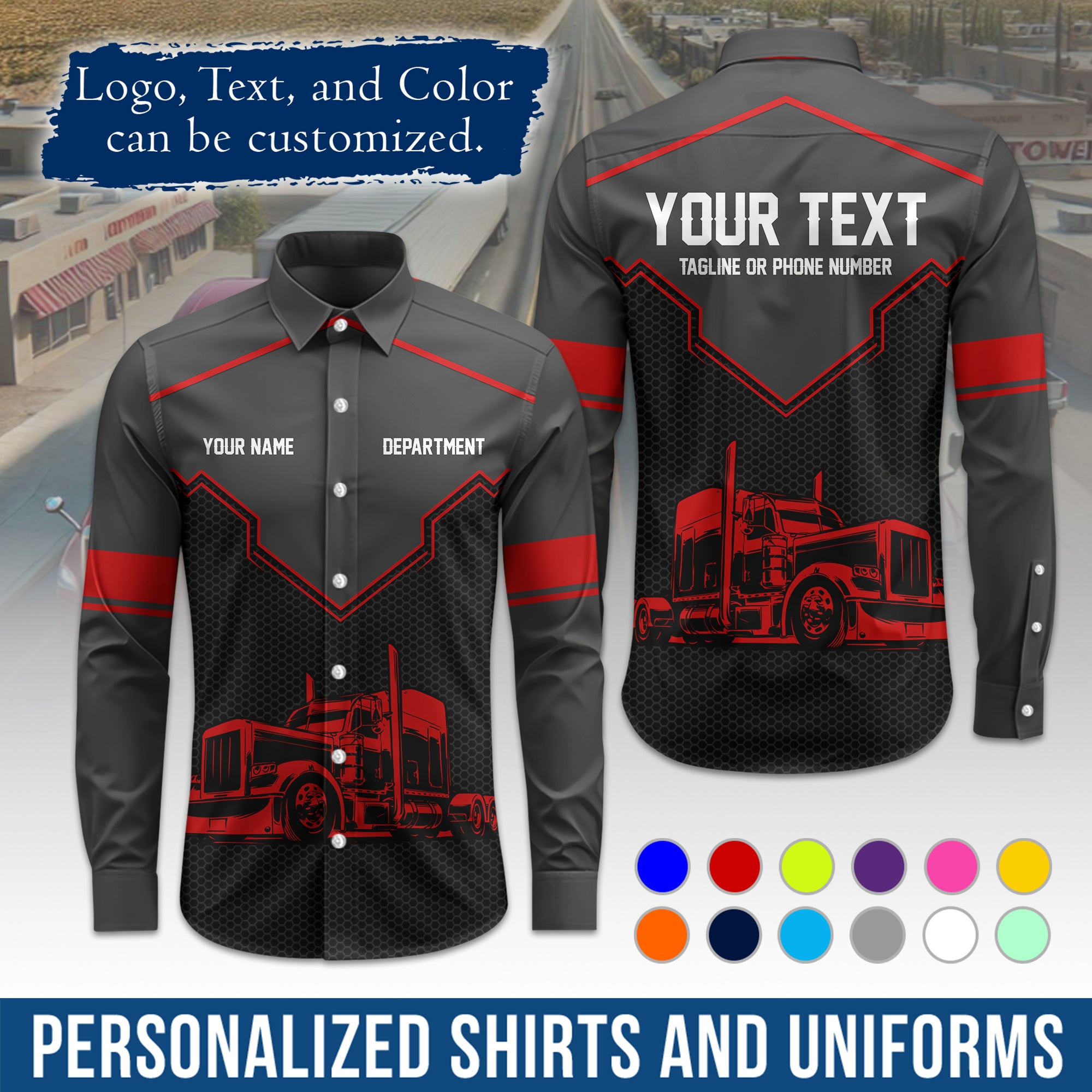 Semi Trucker Long Sleeve Button-Down Work Shirt, Personalized with Your Logo & Phone LS08