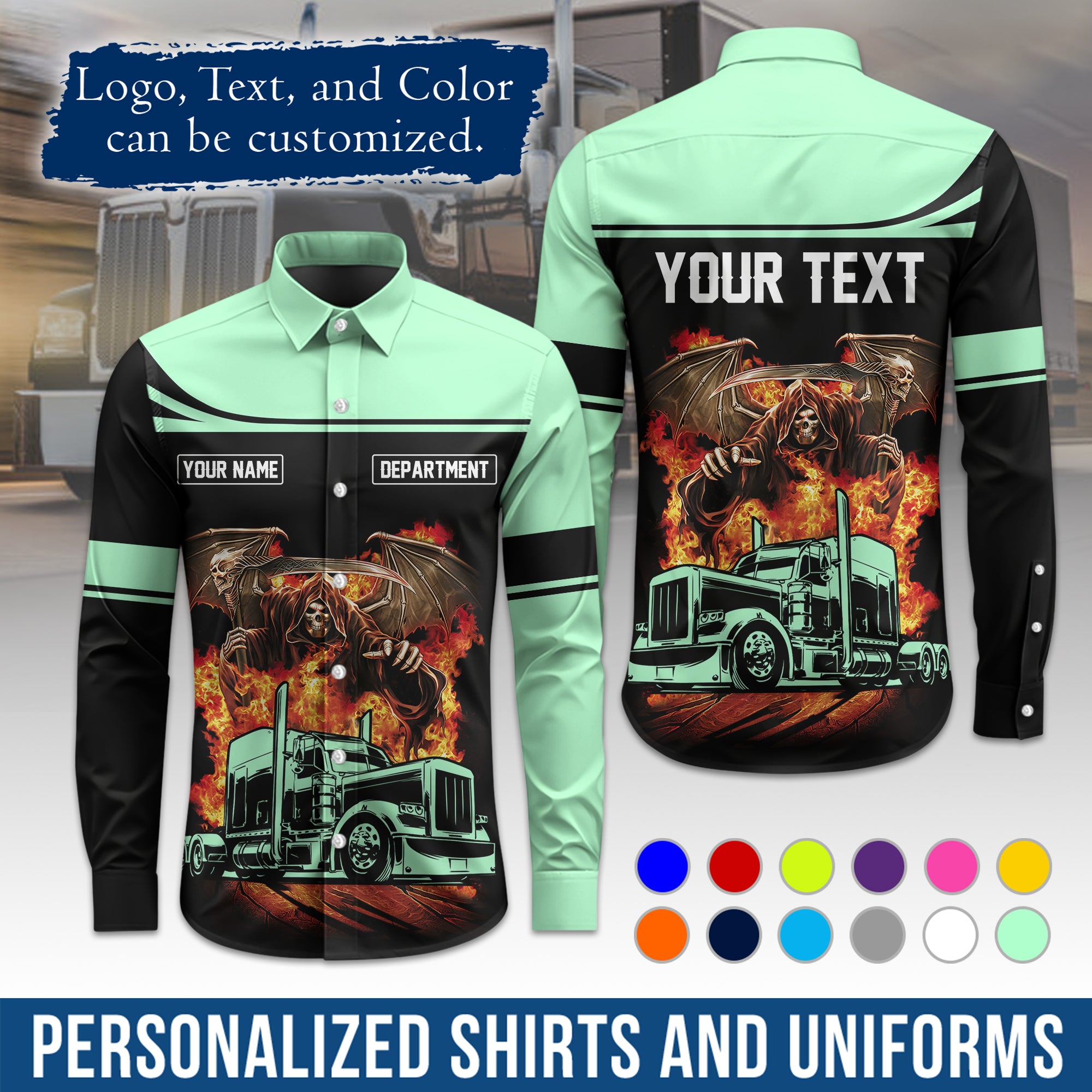 Semi Trucker Long Sleeve Button-Down Work Shirt, Personalized with Your Logo & Phone LS01