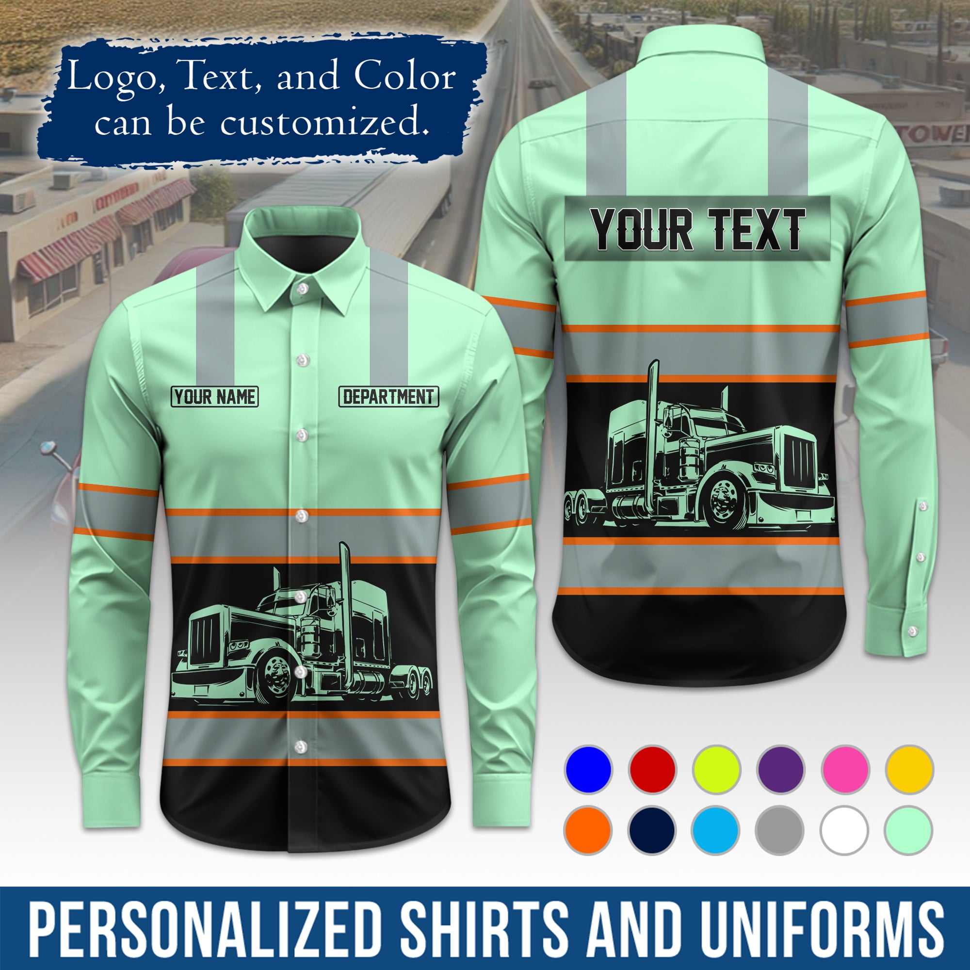 Semi Trucker Long Sleeve Button-Down Work Shirt, Personalized with Your Logo & Phone LS09