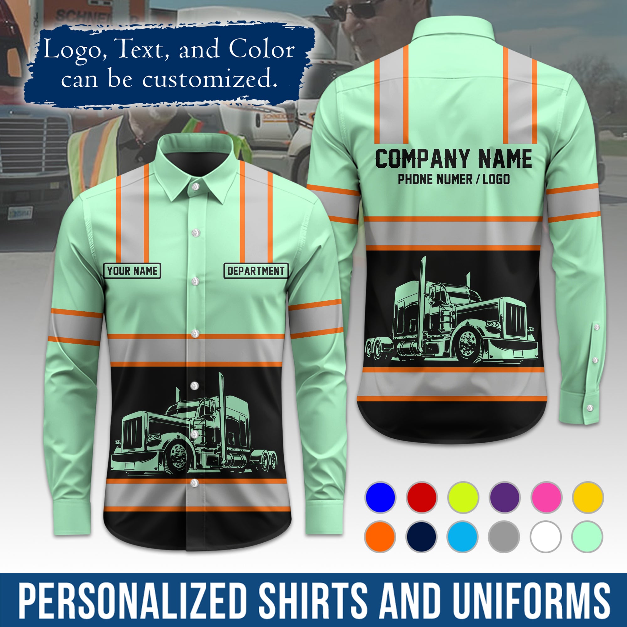 Semi Trucker Long Sleeve Button-Down Work Shirt, Personalized with Your Logo & Phone LS03