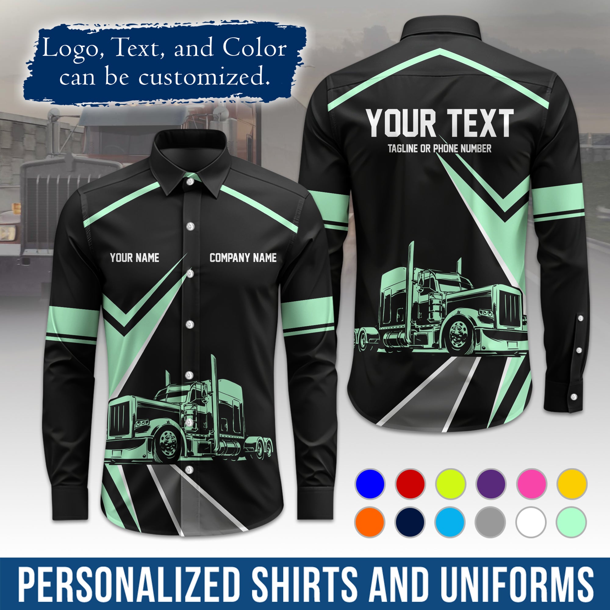 Semi Trucker Long Sleeve Button-Down Work Shirt, Personalized with Your Logo & Phone LS05