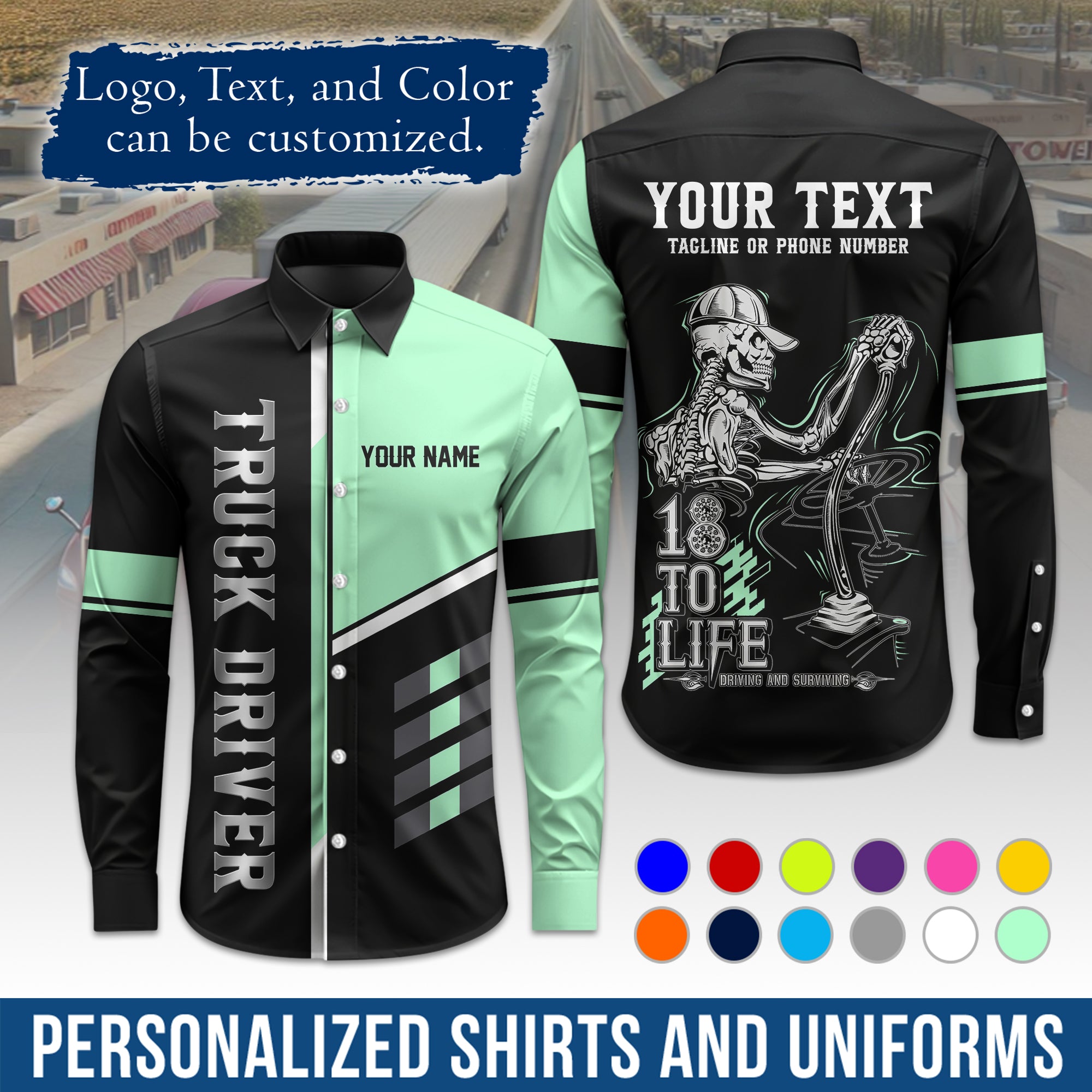 Semi Trucker Long Sleeve Button-Down Work Shirt, Personalized with Your Logo & Phone LS07