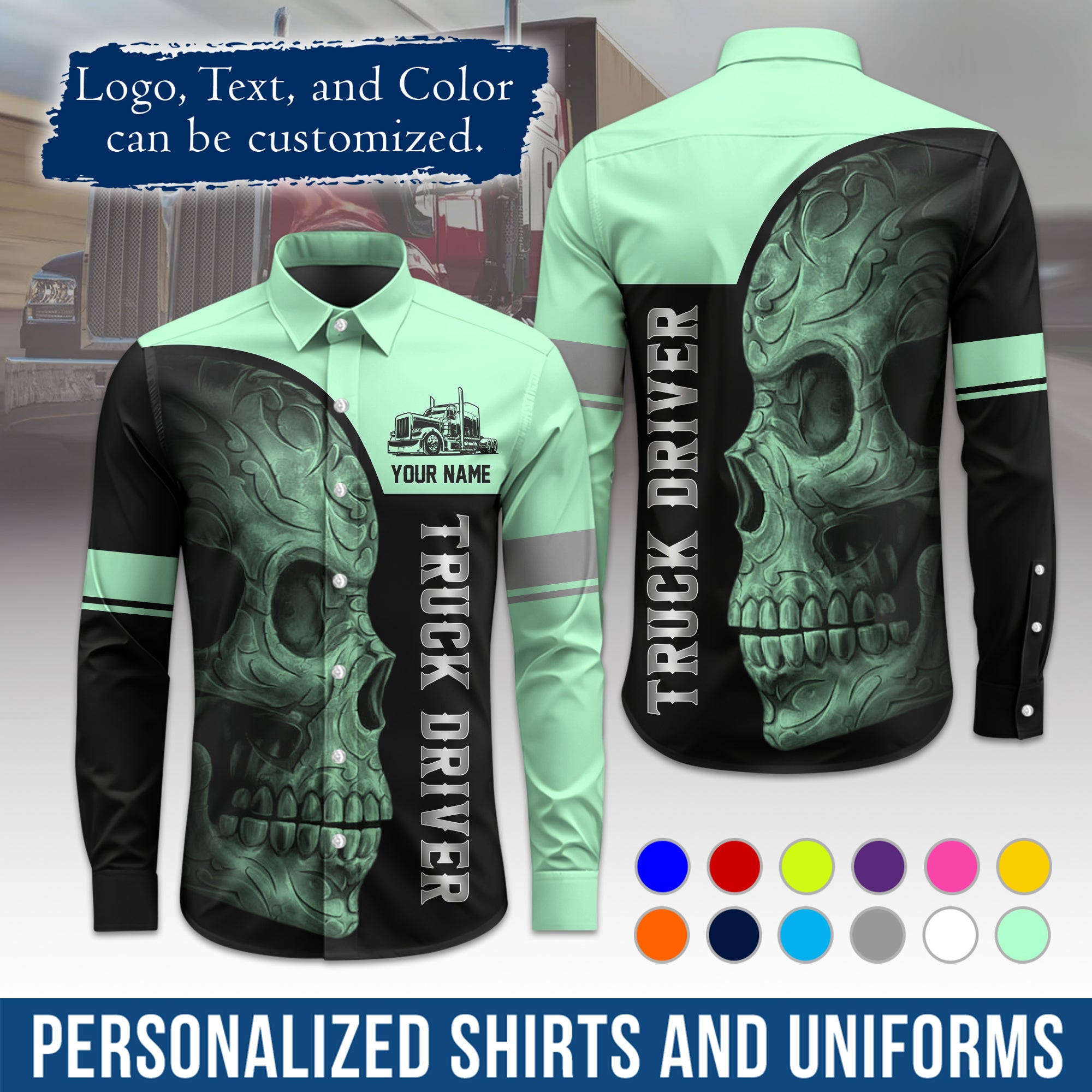 Semi Trucker Long Sleeve Button-Down Work Shirt, Personalized with Your Logo & Phone LS06