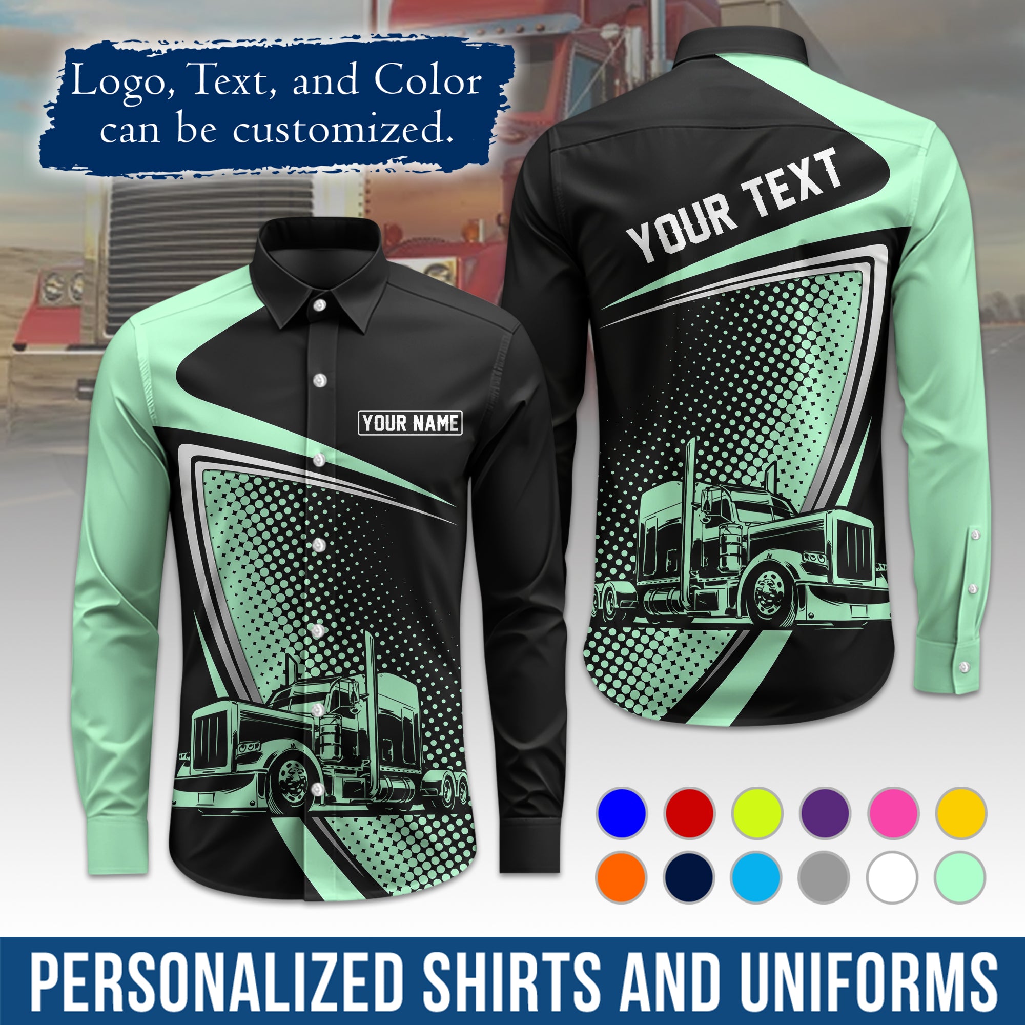 Semi Trucker Long Sleeve Button-Down Work Shirt, Personalized with Your Logo & Phone LS02