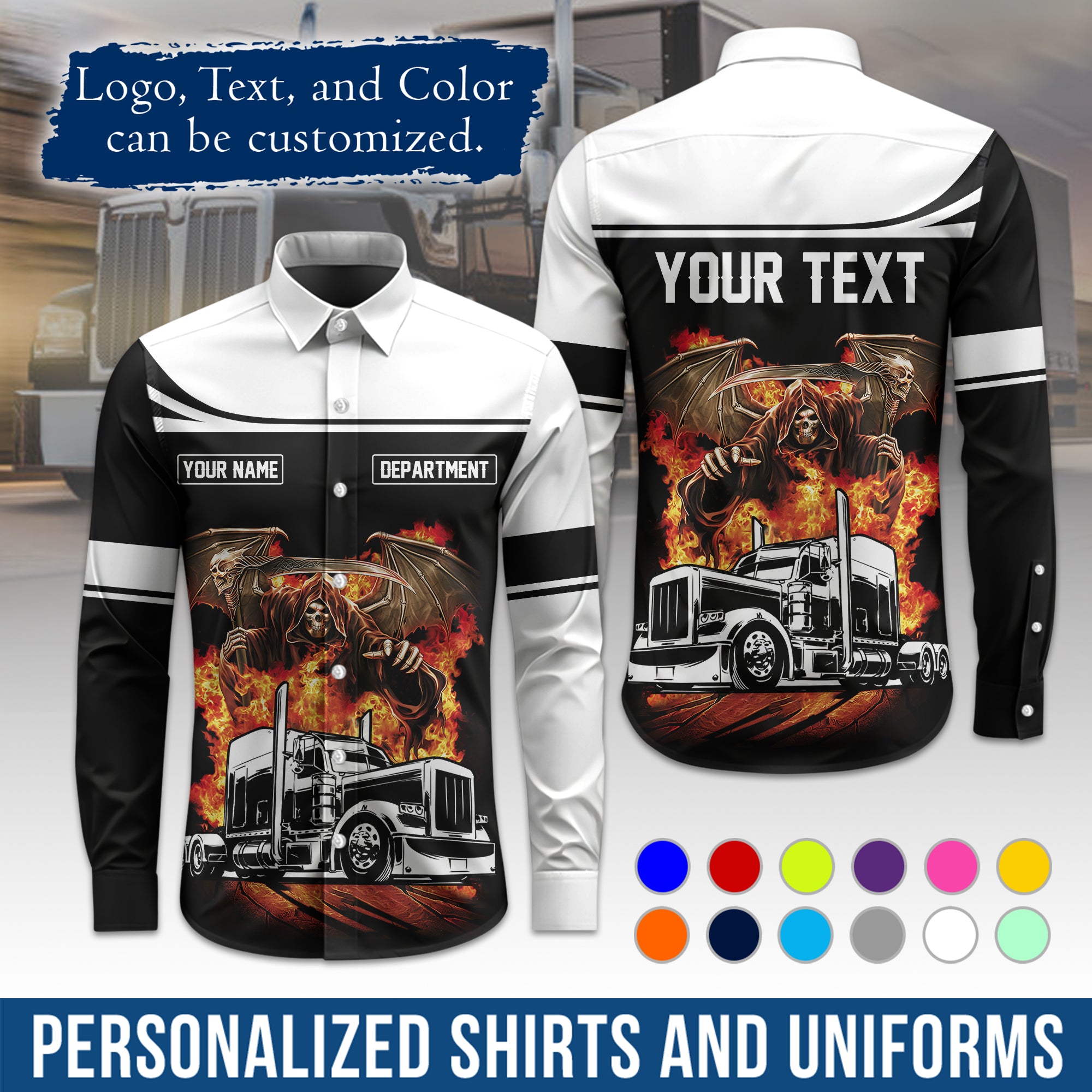 Semi Trucker Long Sleeve Button-Down Work Shirt, Personalized with Your Logo & Phone LS01