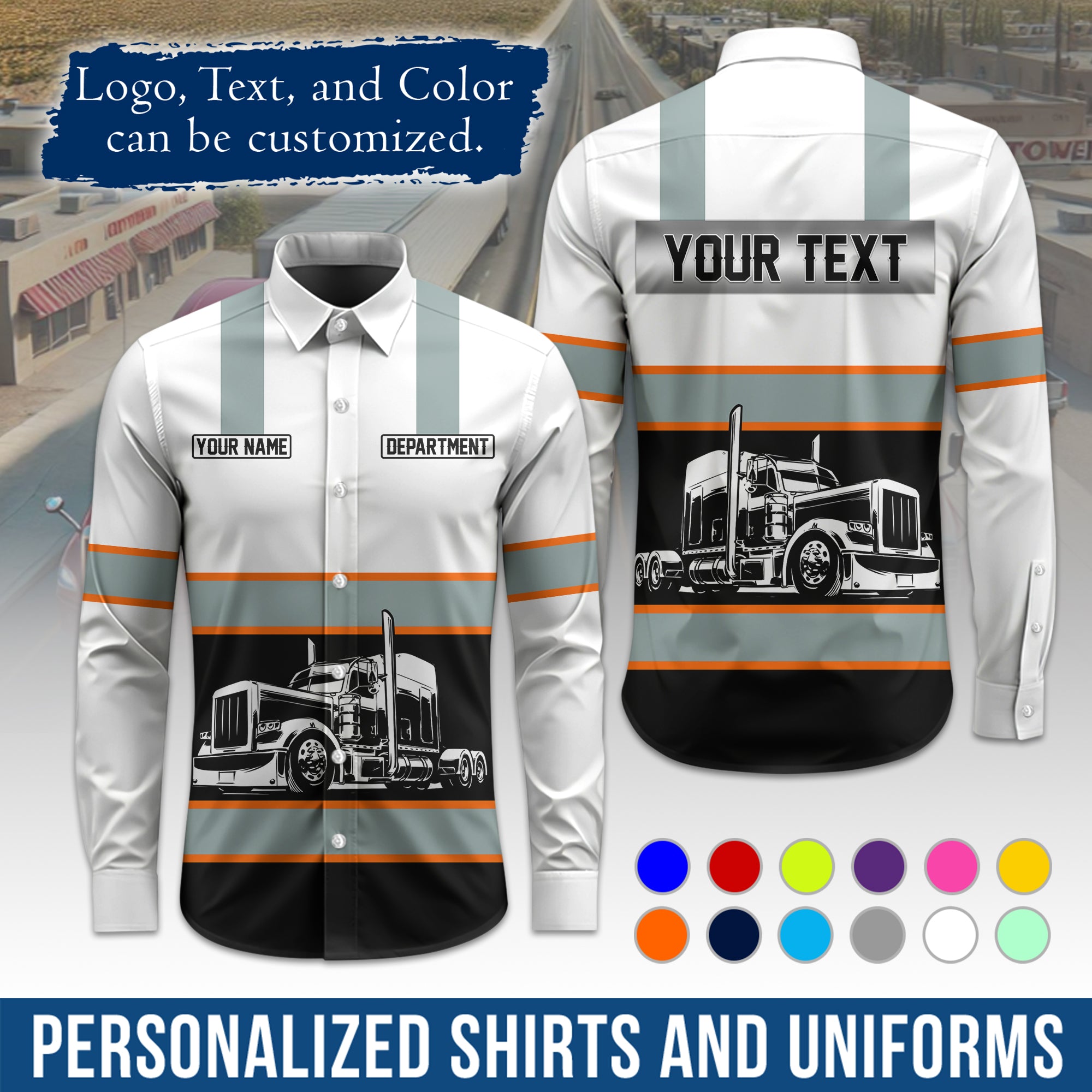 Semi Trucker Long Sleeve Button-Down Work Shirt, Personalized with Your Logo & Phone LS09