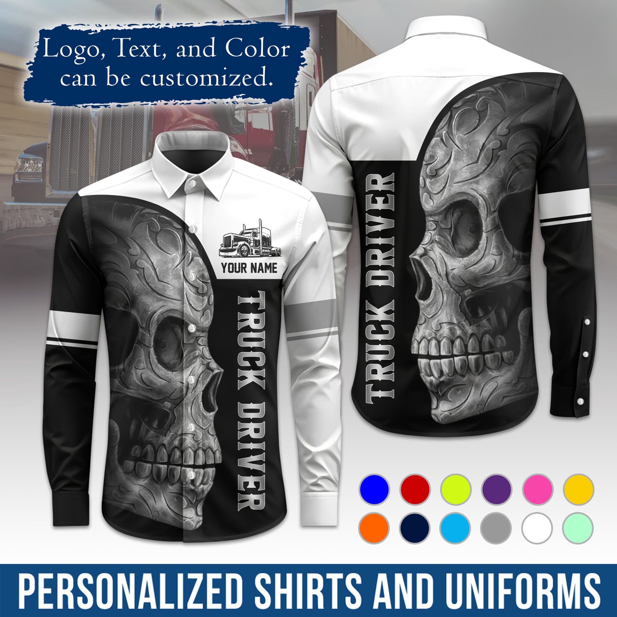 Semi Trucker Long Sleeve Button-Down Work Shirt, Personalized with Your Logo & Phone LS06