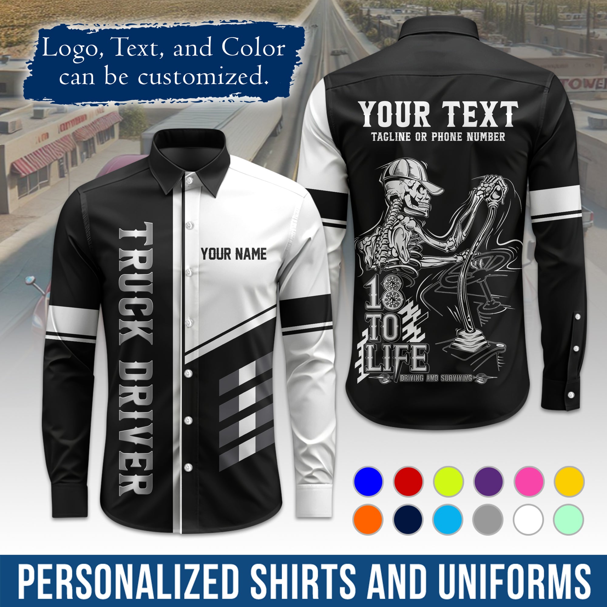 Semi Trucker Long Sleeve Button-Down Work Shirt, Personalized with Your Logo & Phone LS07