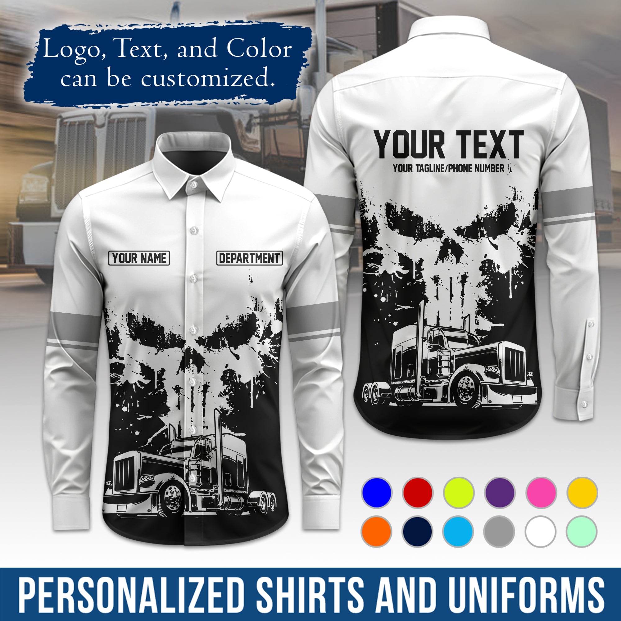 Semi Trucker Long Sleeve Button-Down Work Shirt, Personalized with Your Logo & Phone LS04