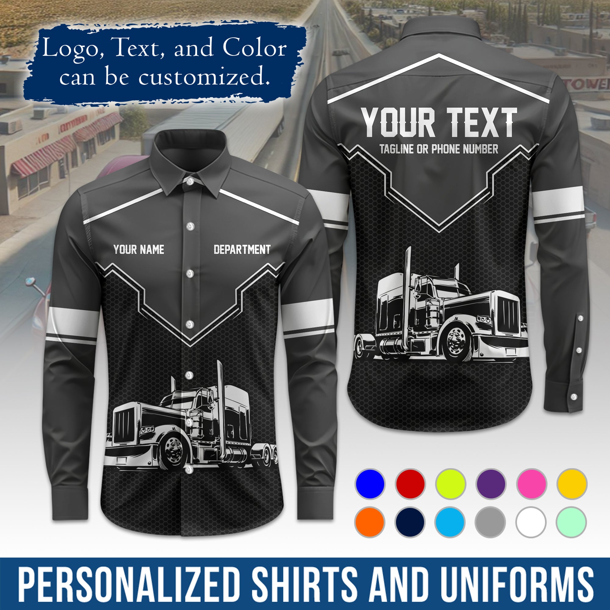 Semi Trucker Long Sleeve Button-Down Work Shirt, Personalized with Your Logo & Phone LS08