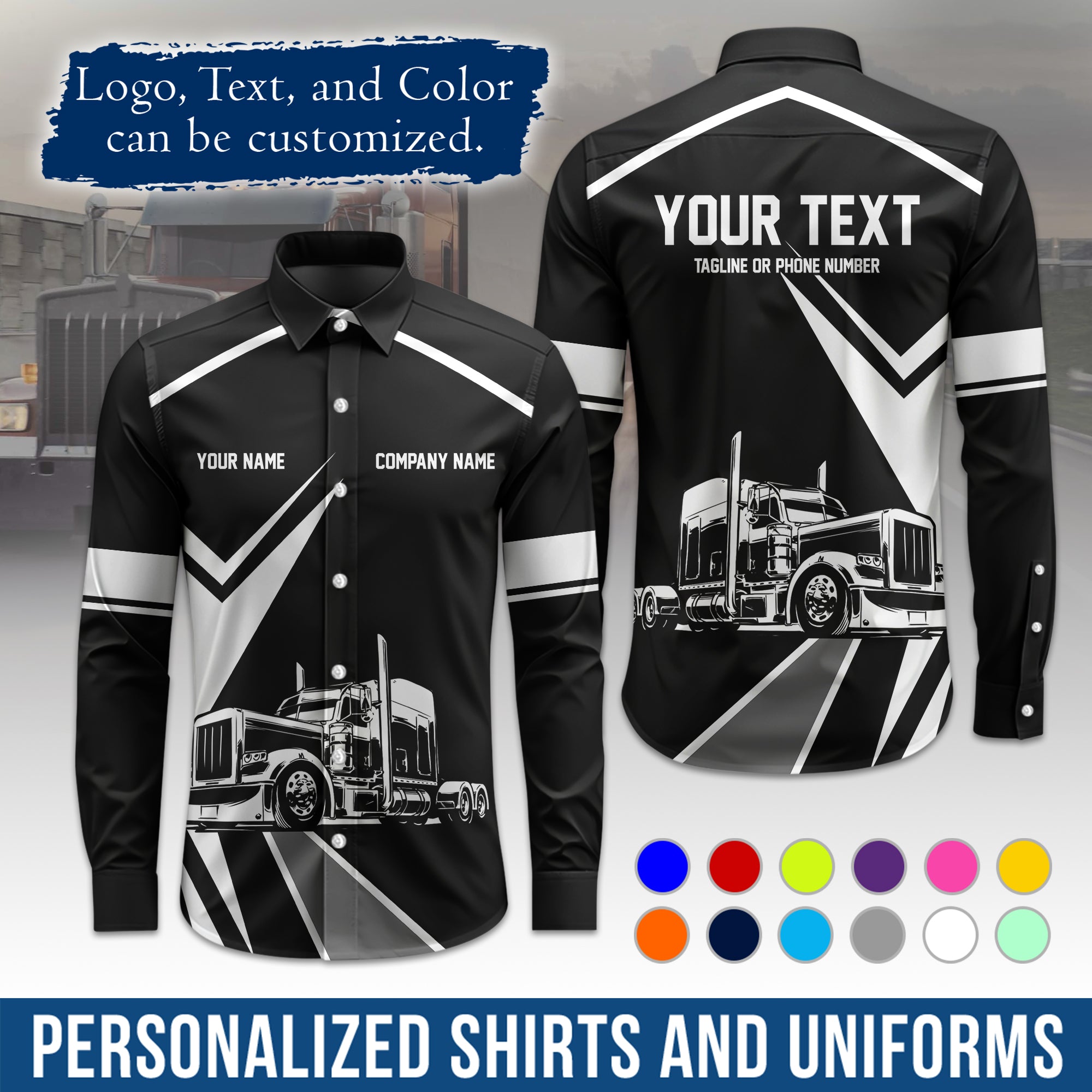 Semi Trucker Long Sleeve Button-Down Work Shirt, Personalized with Your Logo & Phone LS05