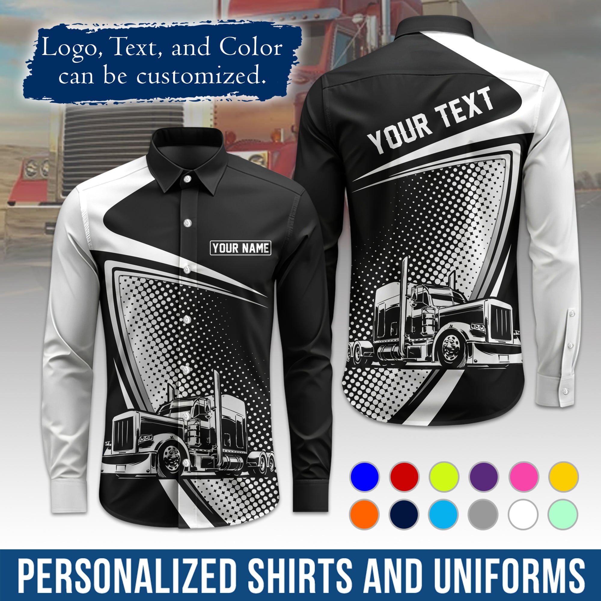 Semi Trucker Long Sleeve Button-Down Work Shirt, Personalized with Your Logo & Phone LS02
