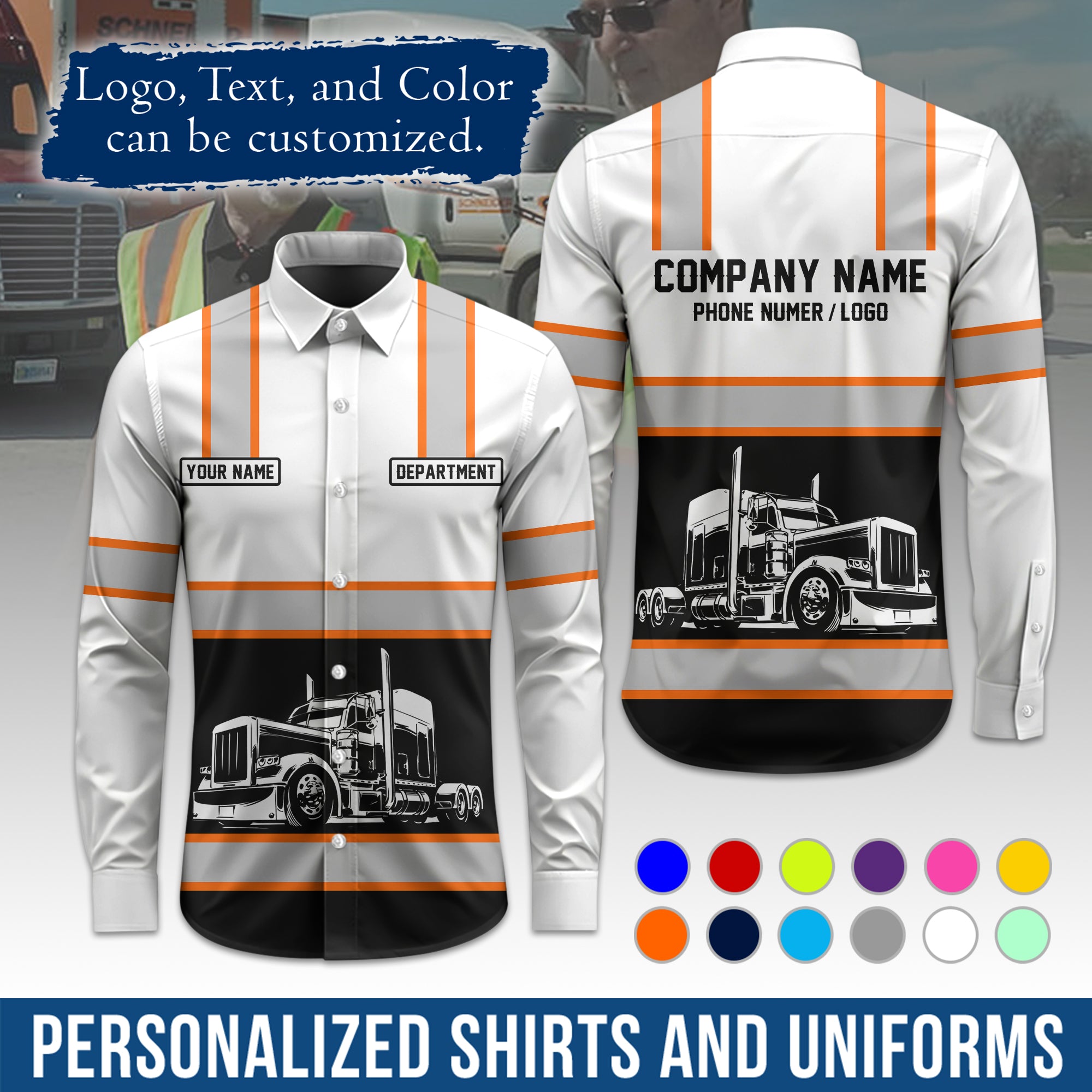 Semi Trucker Long Sleeve Button-Down Work Shirt, Personalized with Your Logo & Phone LS03
