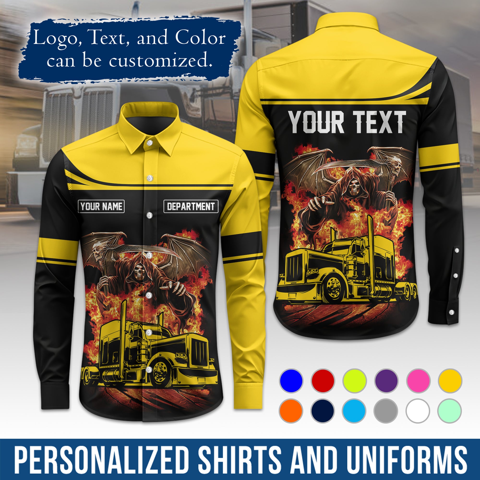 Semi Trucker Long Sleeve Button-Down Work Shirt, Personalized with Your Logo & Phone LS01