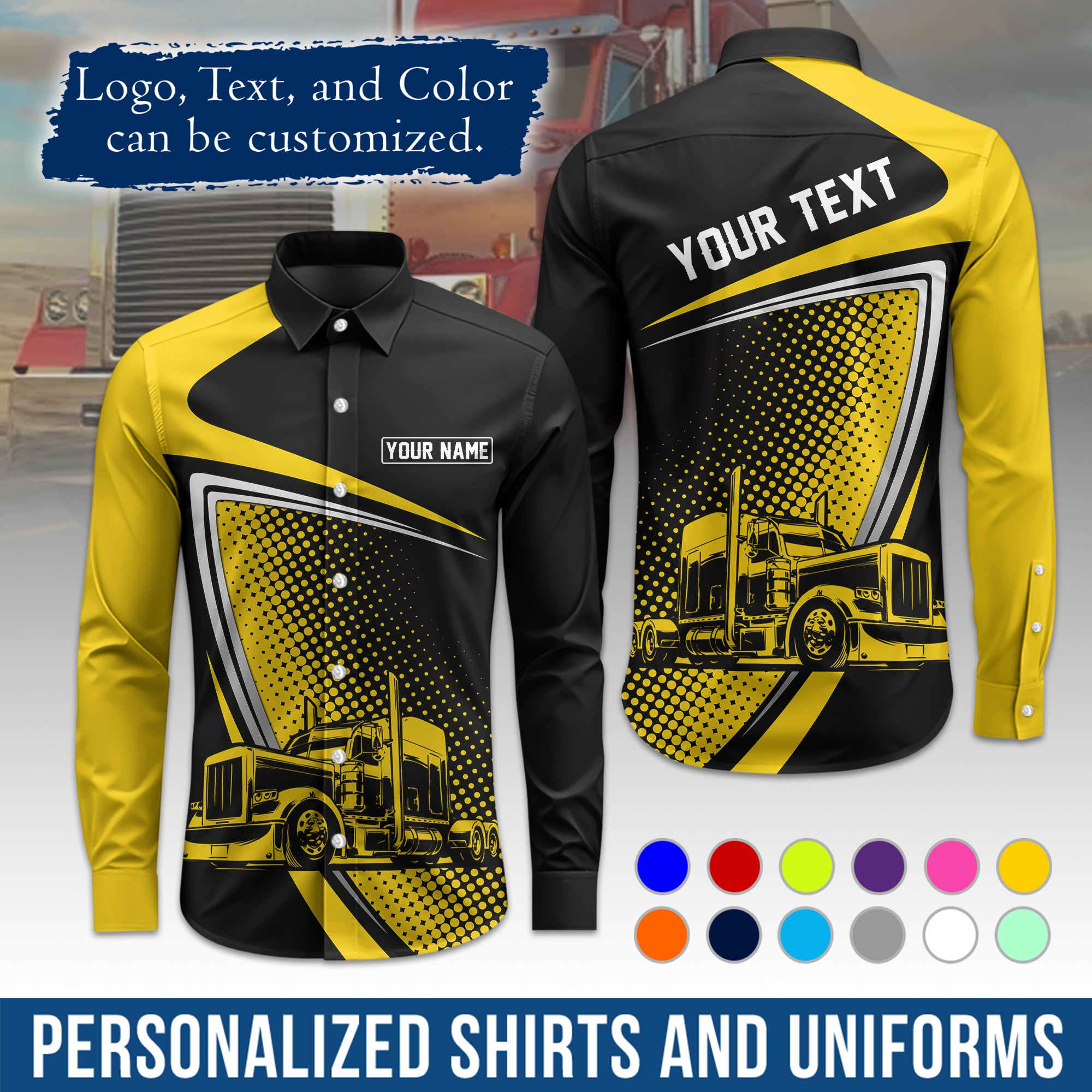 Semi Trucker Long Sleeve Button-Down Work Shirt, Personalized with Your Logo & Phone LS02