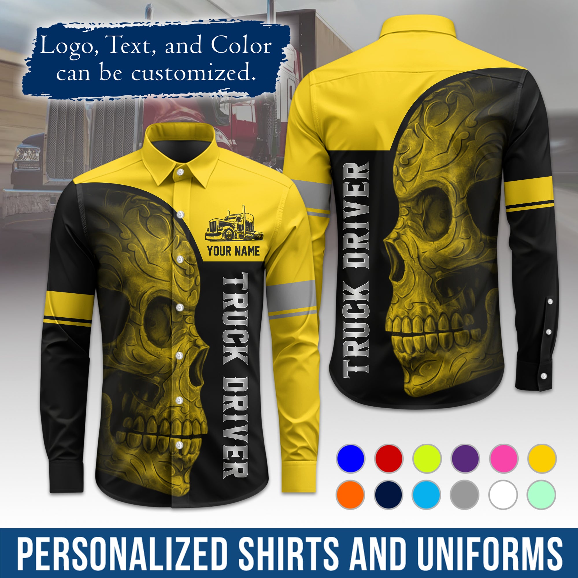 Semi Trucker Long Sleeve Button-Down Work Shirt, Personalized with Your Logo & Phone LS06