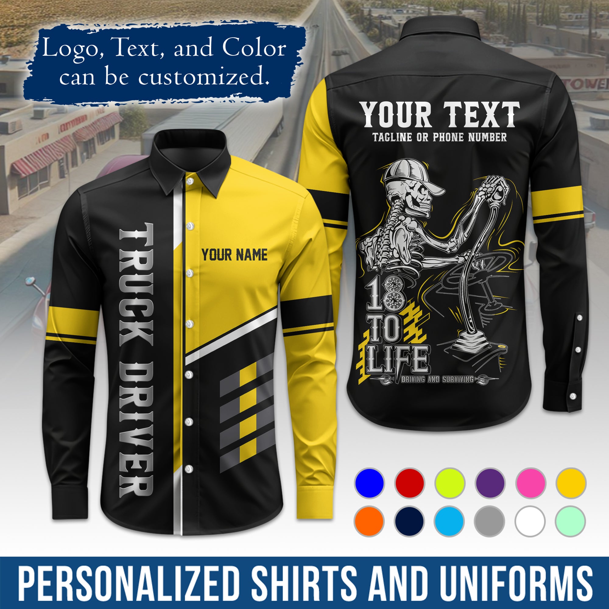 Semi Trucker Long Sleeve Button-Down Work Shirt, Personalized with Your Logo & Phone LS07