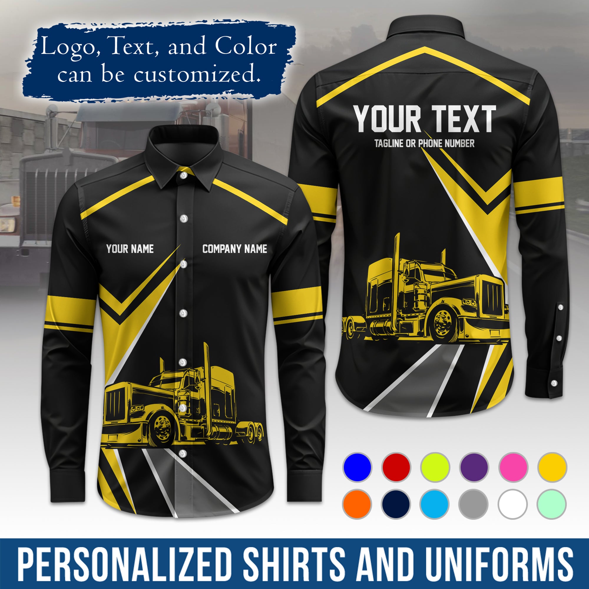Semi Trucker Long Sleeve Button-Down Work Shirt, Personalized with Your Logo & Phone LS05