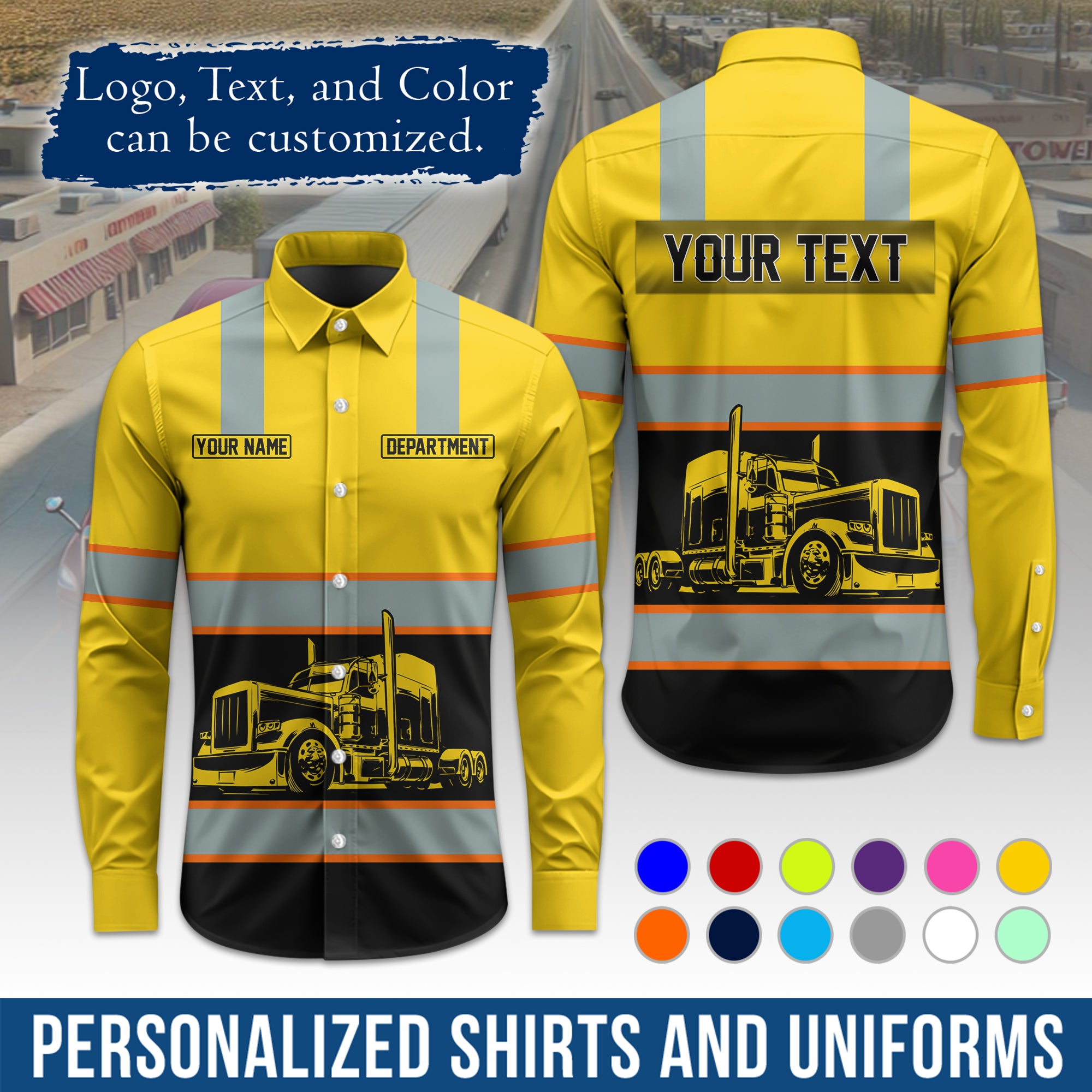 Semi Trucker Long Sleeve Button-Down Work Shirt, Personalized with Your Logo & Phone LS09