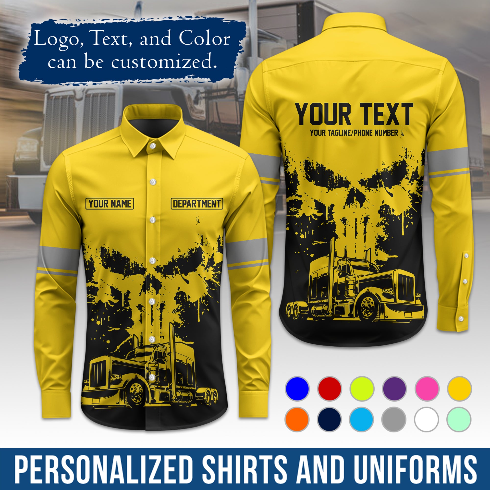 Semi Trucker Long Sleeve Button-Down Work Shirt, Personalized with Your Logo & Phone LS04