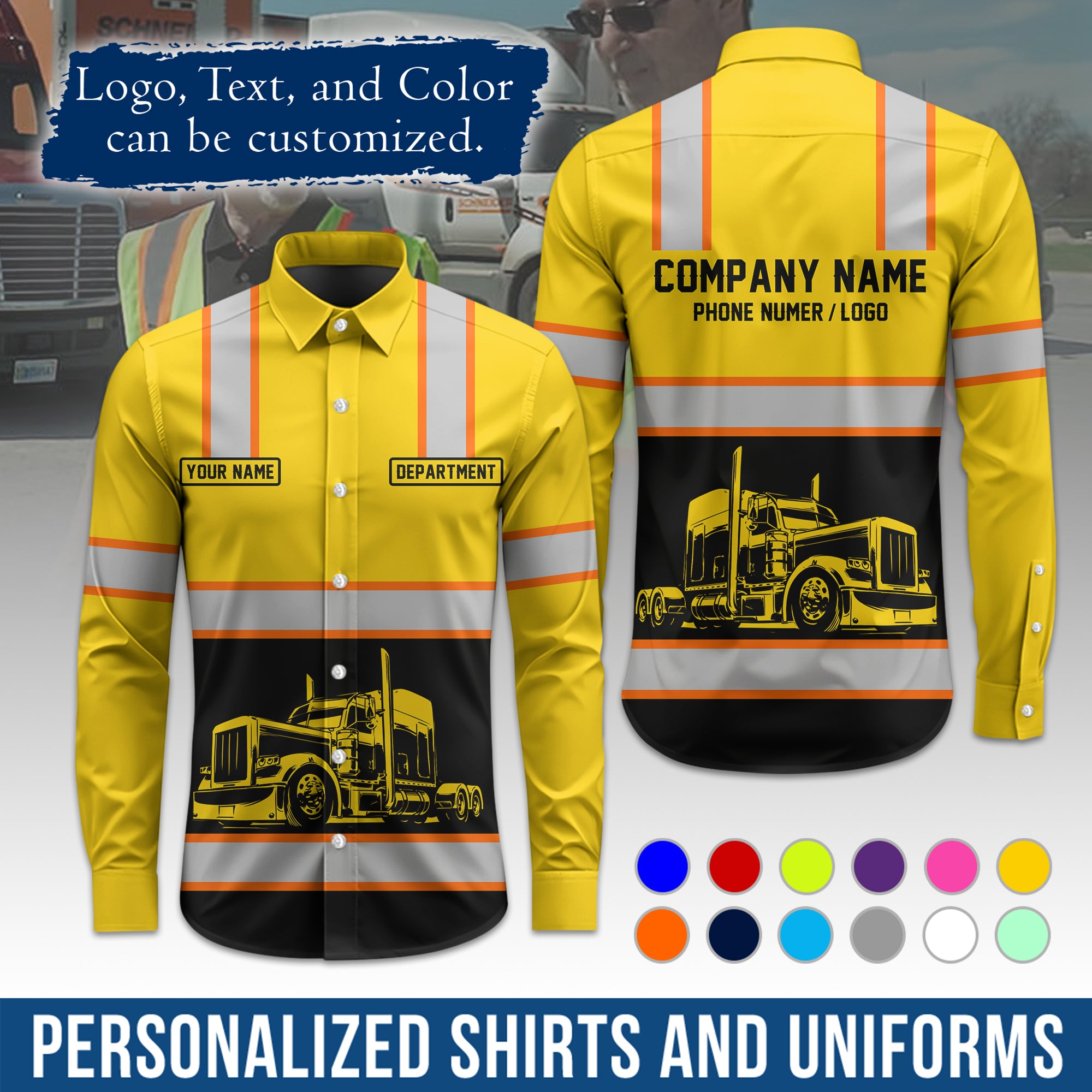 Semi Trucker Long Sleeve Button-Down Work Shirt, Personalized with Your Logo & Phone LS03