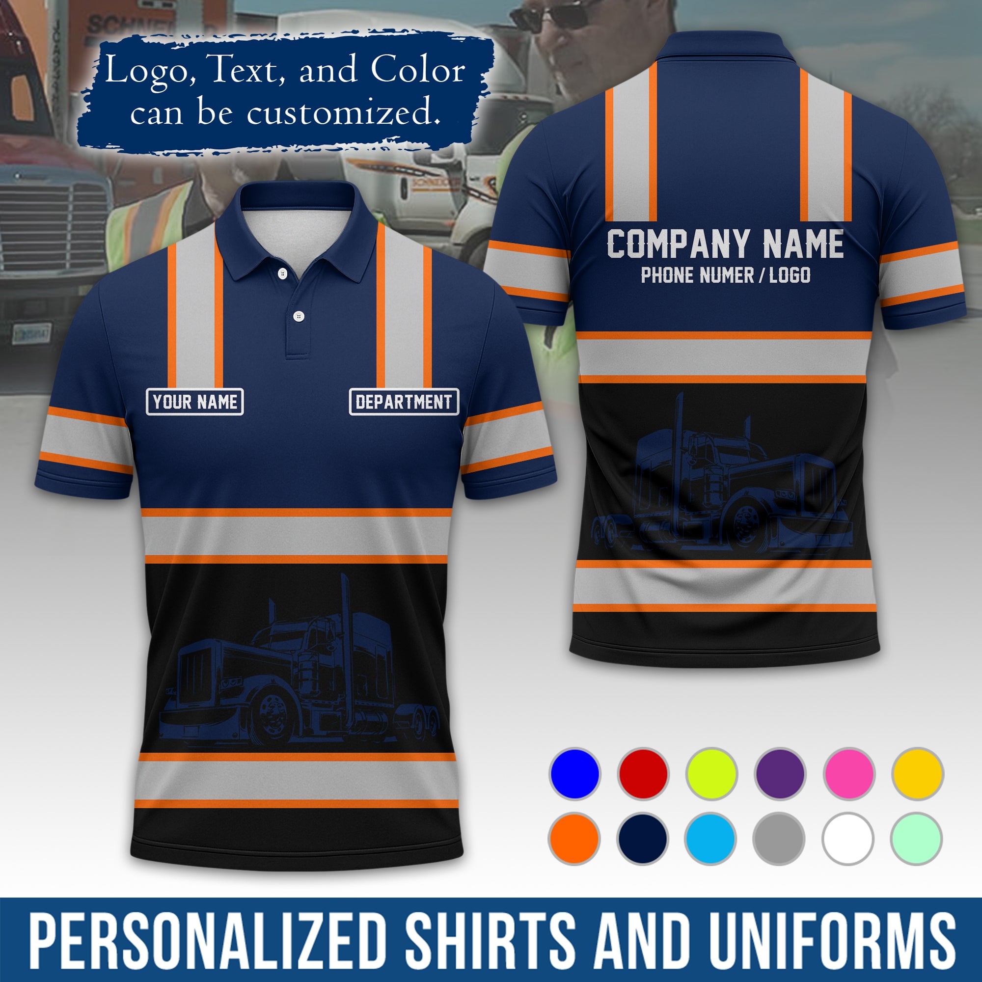 Custom Polo Shirt for Semi Truck Drivers, Personalized Logo, Company Text & Contact Info PL03