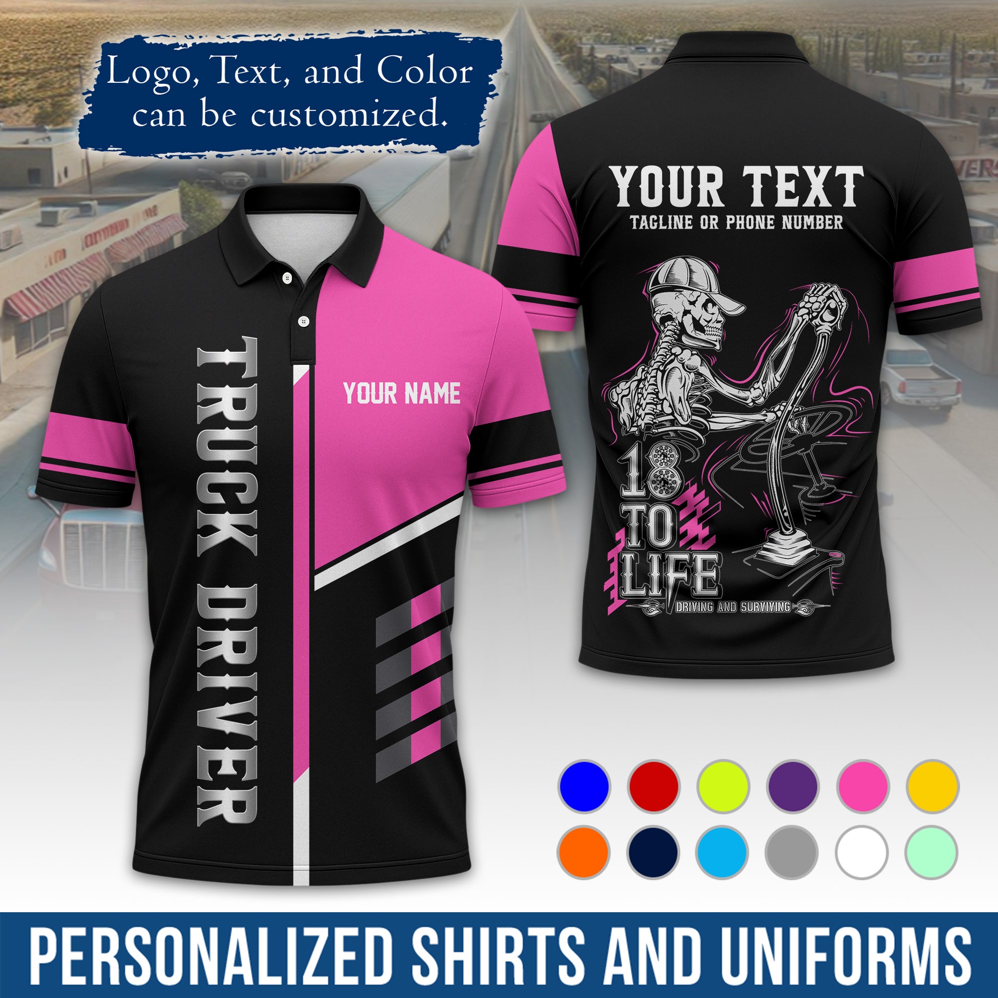 Custom Polo Shirt for Semi Truck Drivers, Personalized Logo, Company Text & Contact Info PL07
